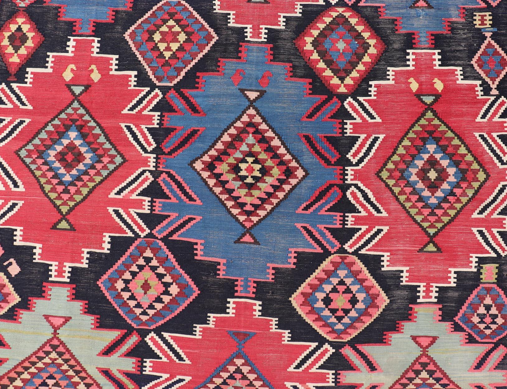 19th Century Antique Kuba Kilim Gallery Rug in with Vibrant Colors For Sale 1