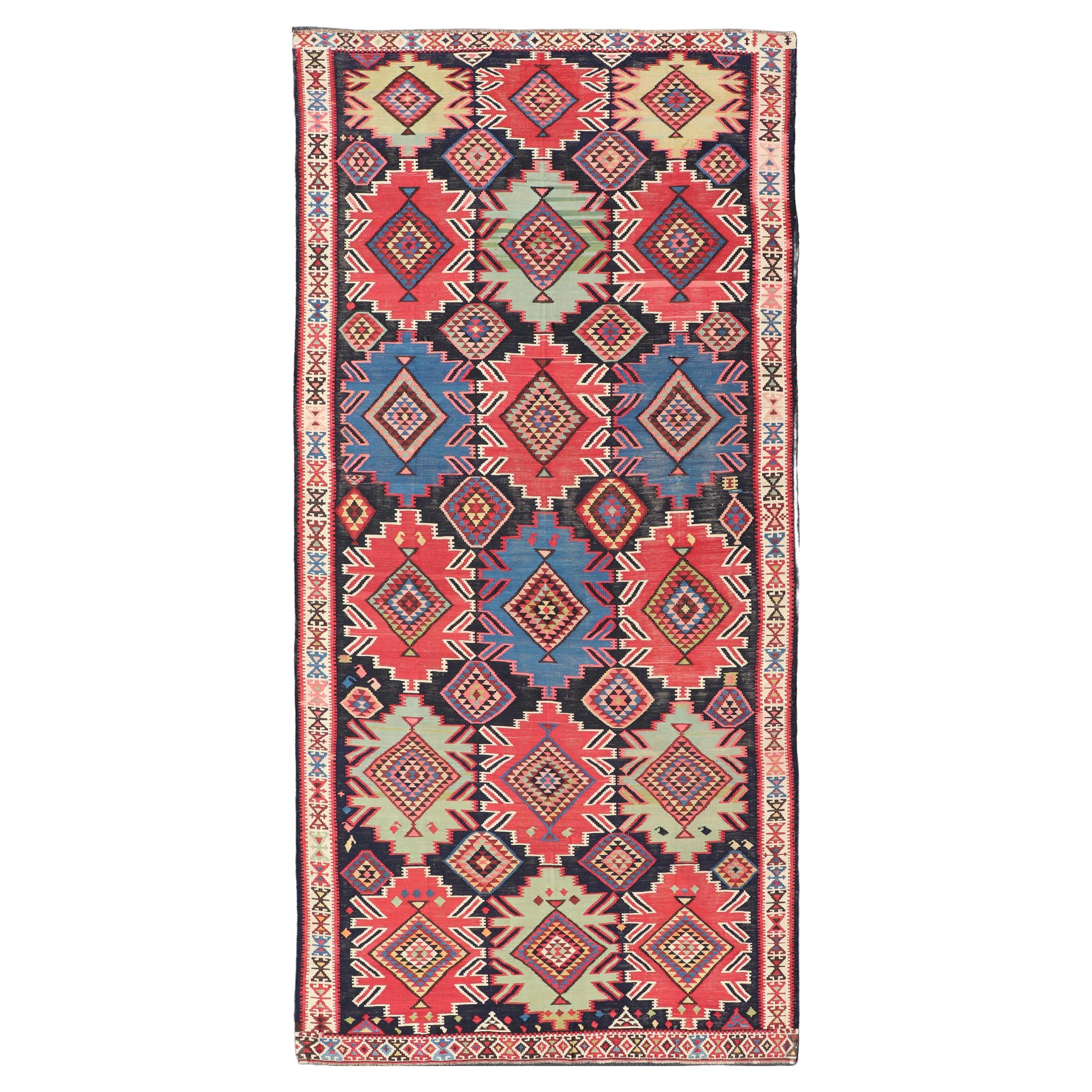 19th Century Antique Kuba Kilim Gallery Rug in with Vibrant Colors For Sale
