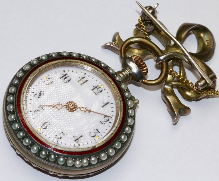 19th Century Antique Ladies Pocket Watch with Enamel and Pearls, as a Brooch For Sale at 1stDibs