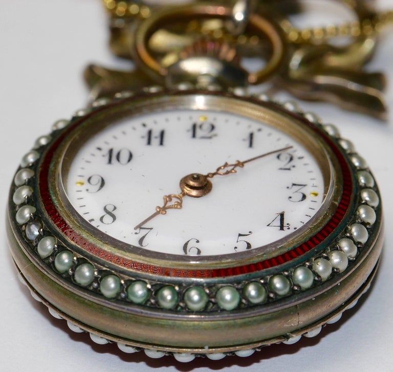 19th Century Antique Ladies Pocket Watch with Enamel and Pearls, as a