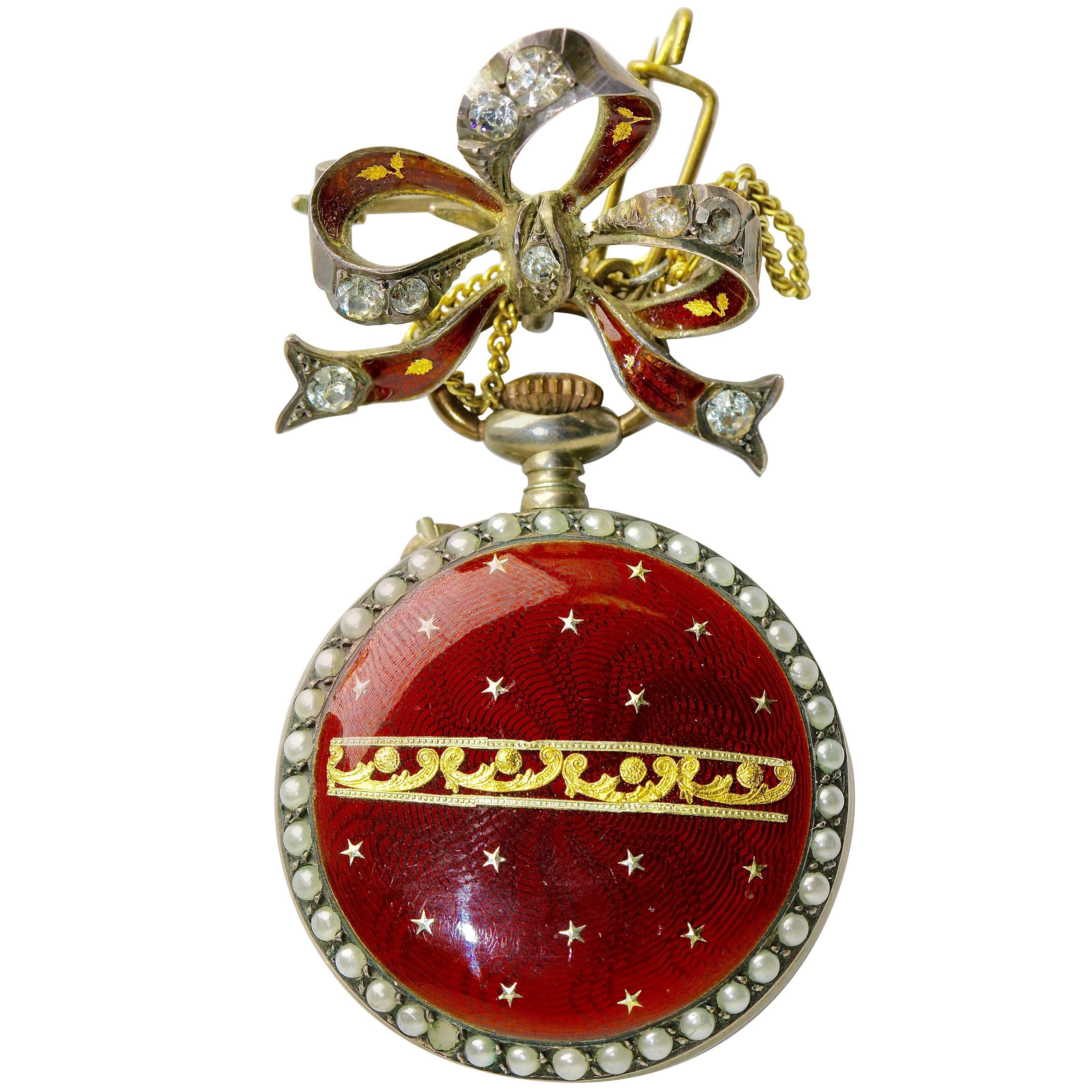 19th Century Antique Ladies Pocket Watch with Enamel and Pearls, as a Brooch