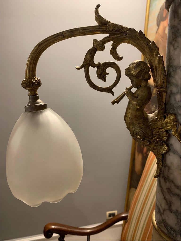 19th Century Antique Lamp Marble Alabaster Bronze Angels For Sale at