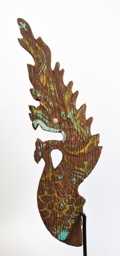 19th Century, Antique Laos Wooden Finial 'Naga' with Stand