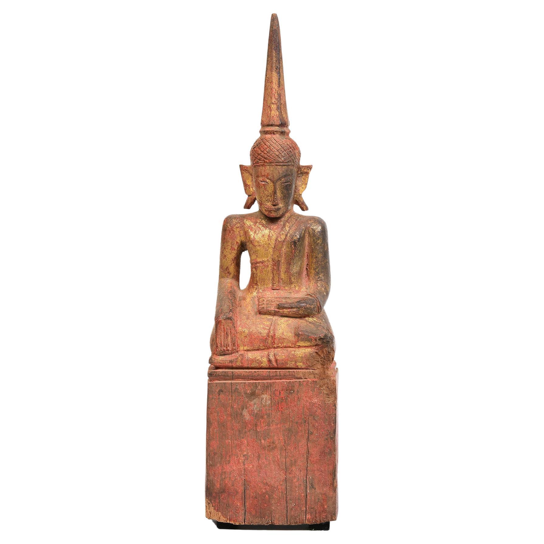 Antiker sitzender Laos-Holz-Buddha aus dem 19. Jahrhundert