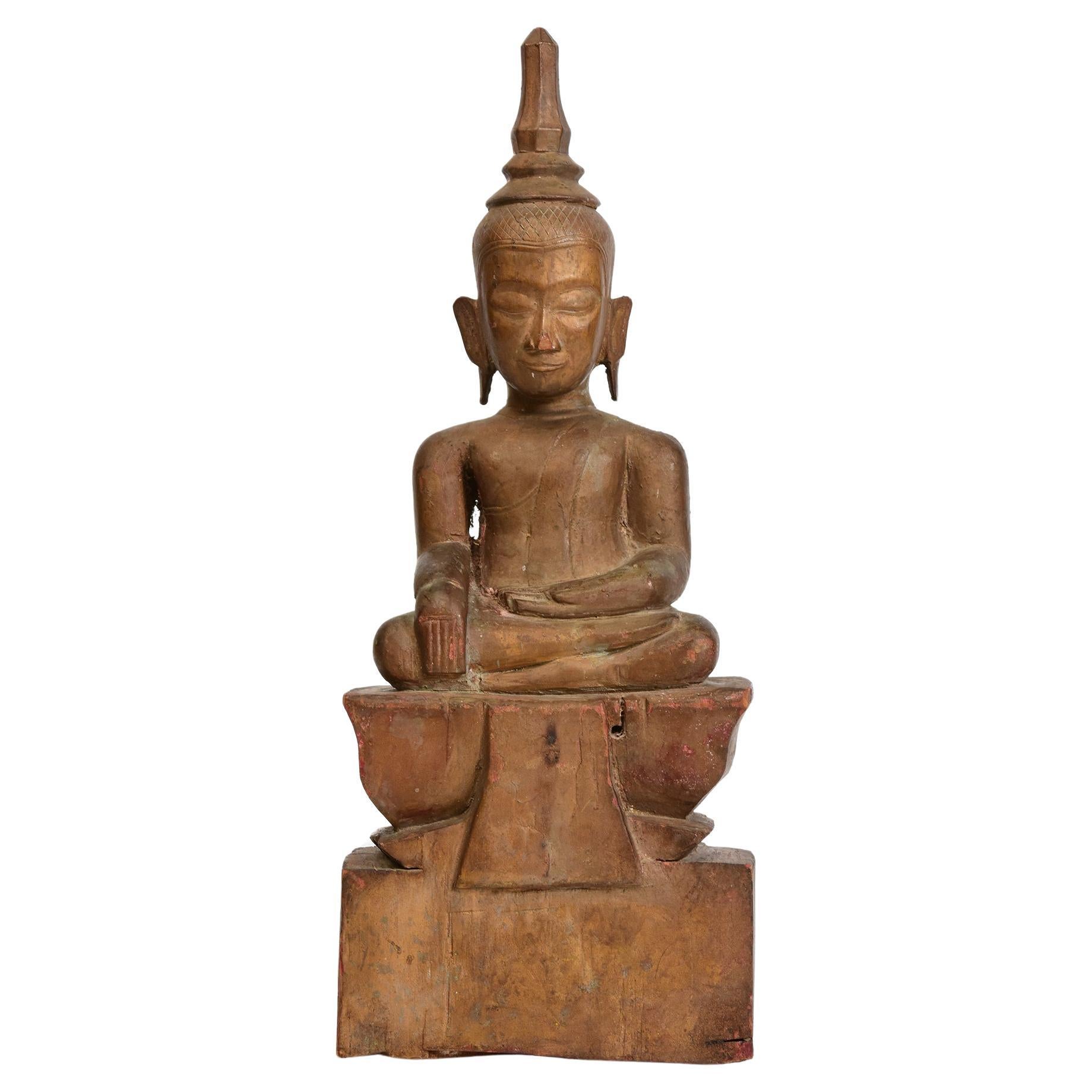 19th Century, Antique Laos Wooden Seated Buddha