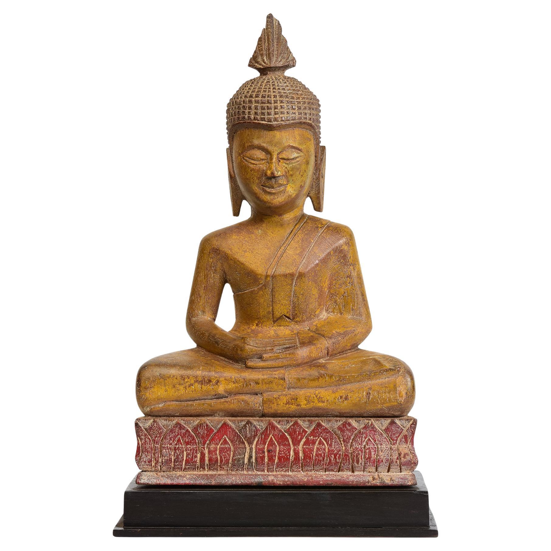 19th Century, Antique Laos Wooden Seated Buddha