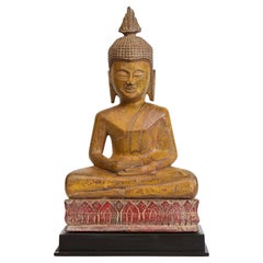 19th Century, Antique Laos Wooden Seated Buddha