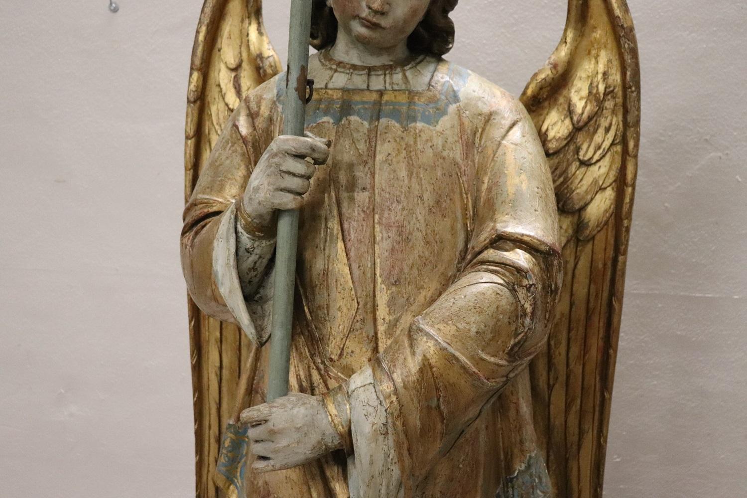 Italian 19th Century Antique Large Angel Sculpture in Hand Carved Wood For Sale
