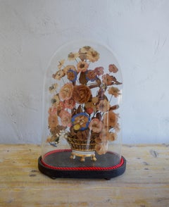 19th Century Antique Linen Material Wedding Bouquet with Oval Glass Dome