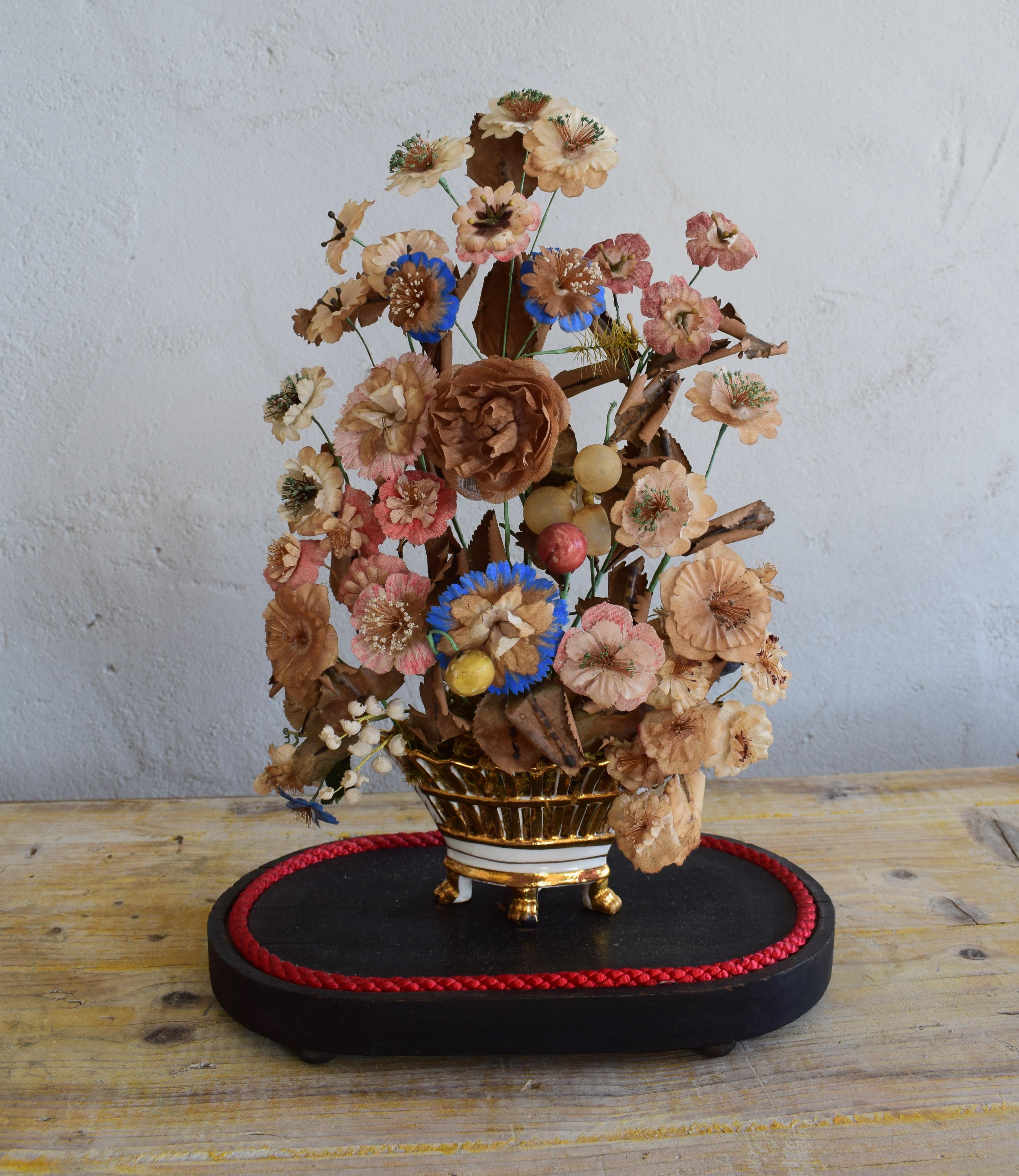 Spanish 19th Century Antique Linen Material Wedding Bouquet with Oval Glass Dome