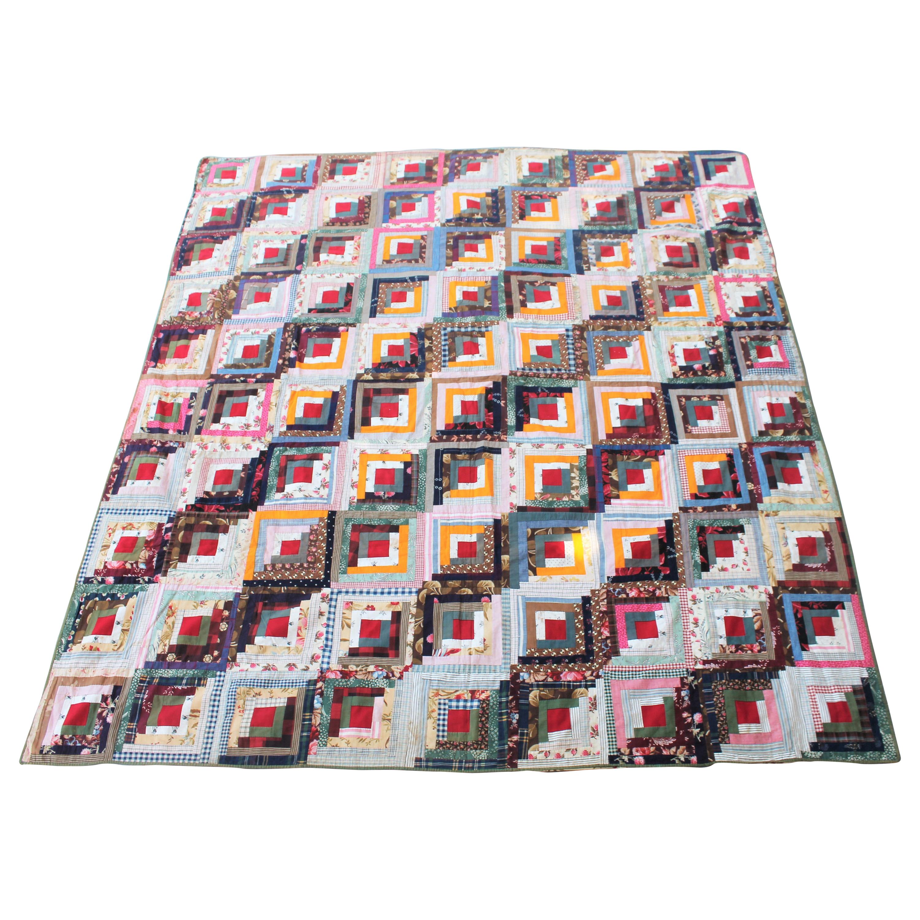 Green Satin Log Cabin Quilt For Sale at 1stDibs
