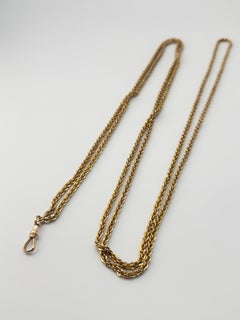 19th Century Antique Long Muff Chain 14k Yellow Gold/Dog Clip