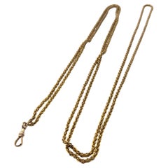 19th Century Antique Long Muff Chain 14k Yellow Gold/Dog Clip