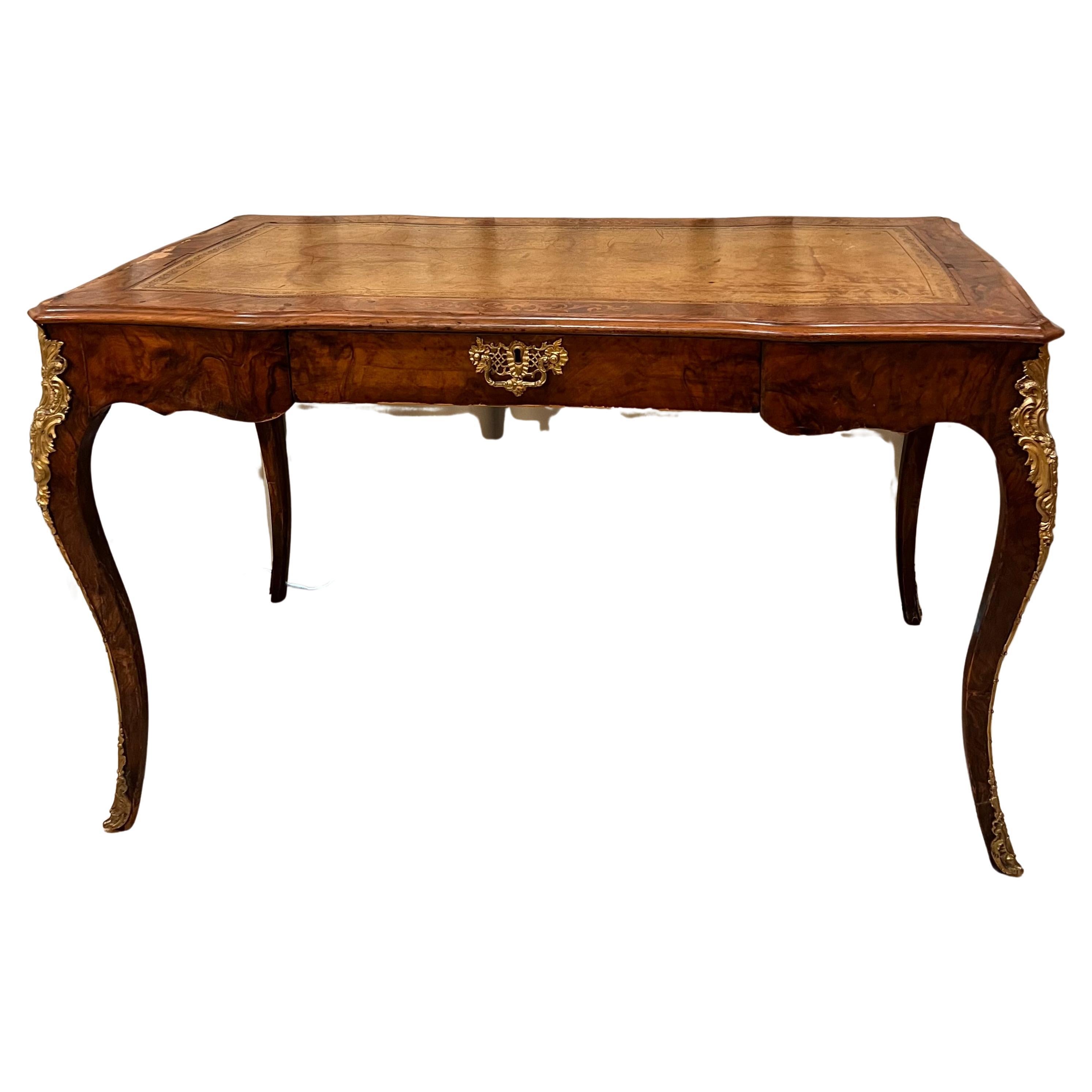 Antique 19th Century Louis XV Bureau Writing Table in Wood and Bronze  For Sale