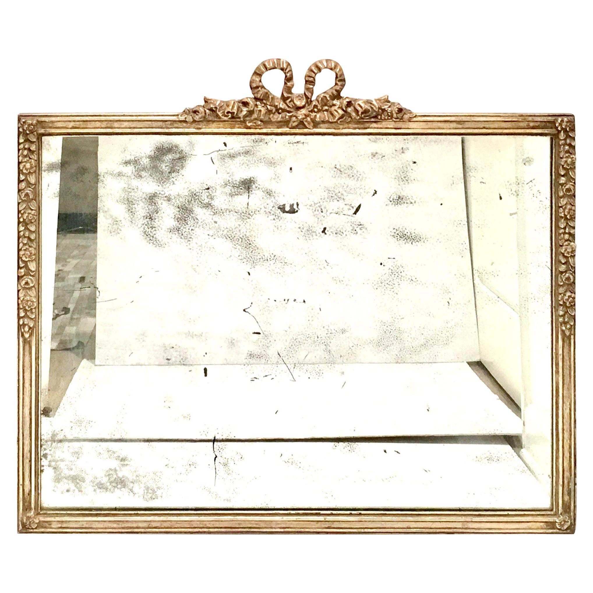 19th Century Antique Louis XVI Style Silver Leaf Wood Frame Wall Mirror