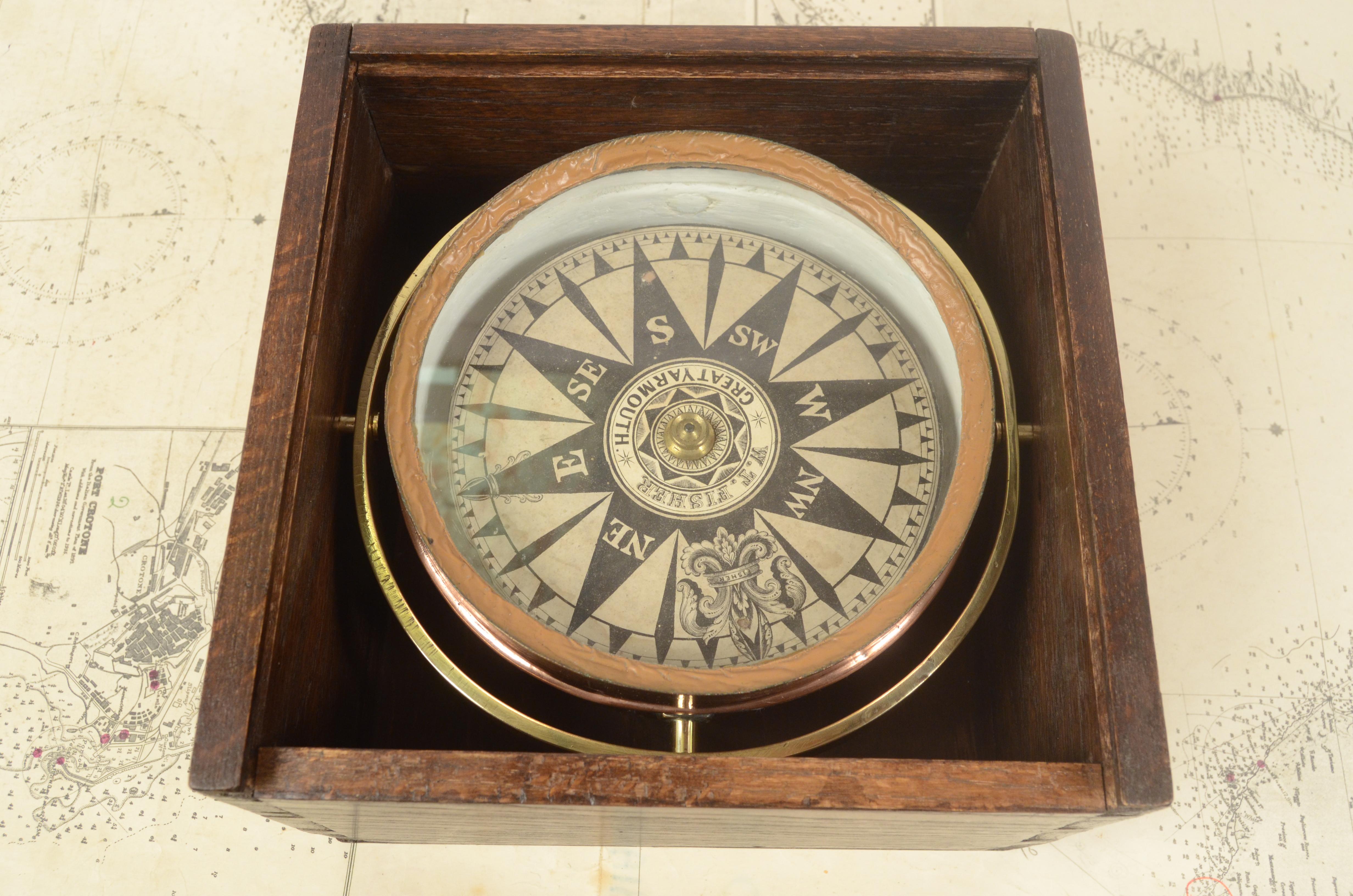 British 19th Century Antique Magnetic Nautical Compass W.T. Fisher Maritime Navigation