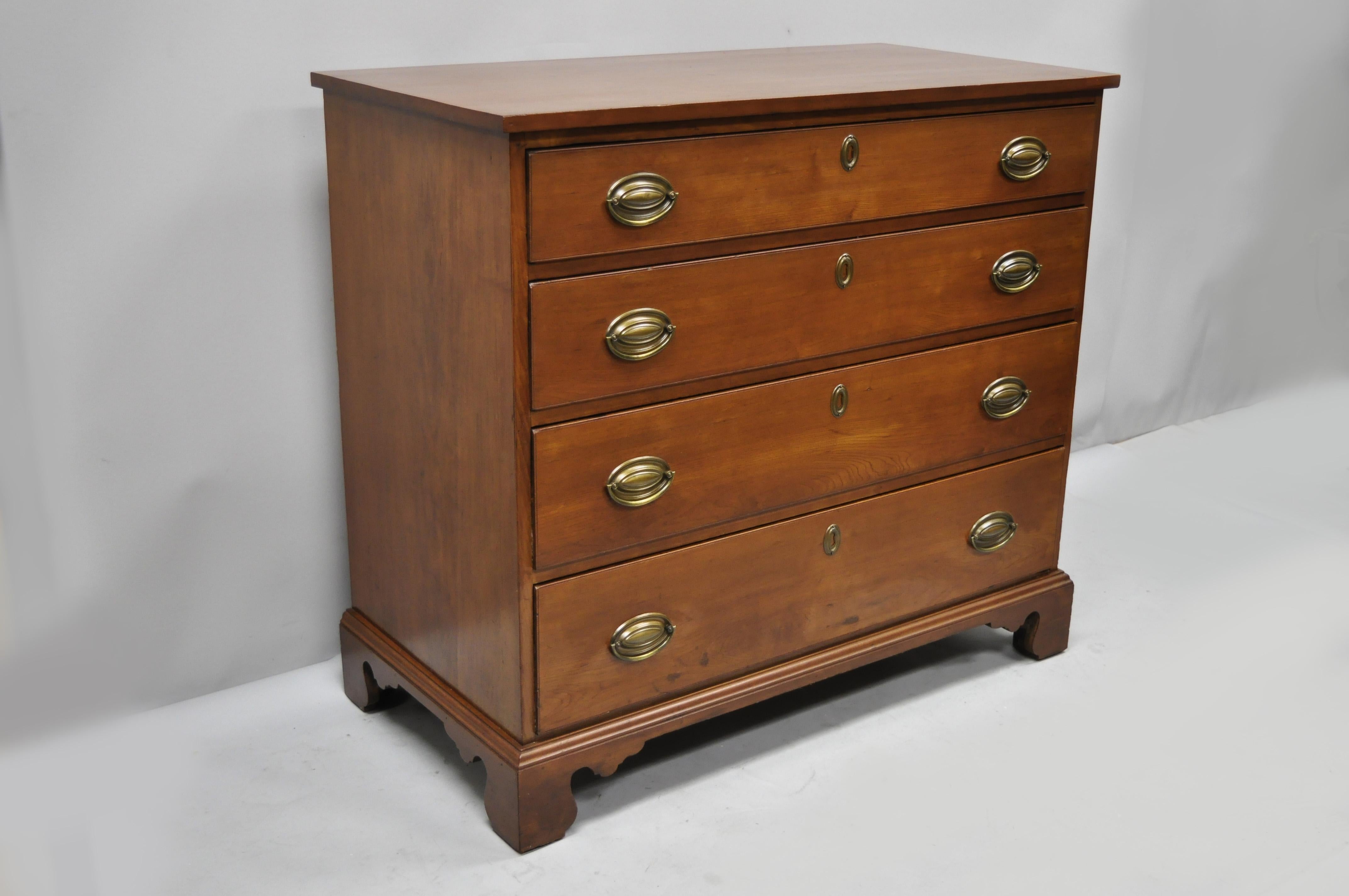 19th century antique mahogany federal dresser commode chest of drawers. Item features bracket feet, panel back, solid wood construction, beautiful wood grain, 4 dovetailed drawers, very nice antique item, quality early American craftsmanship, circa