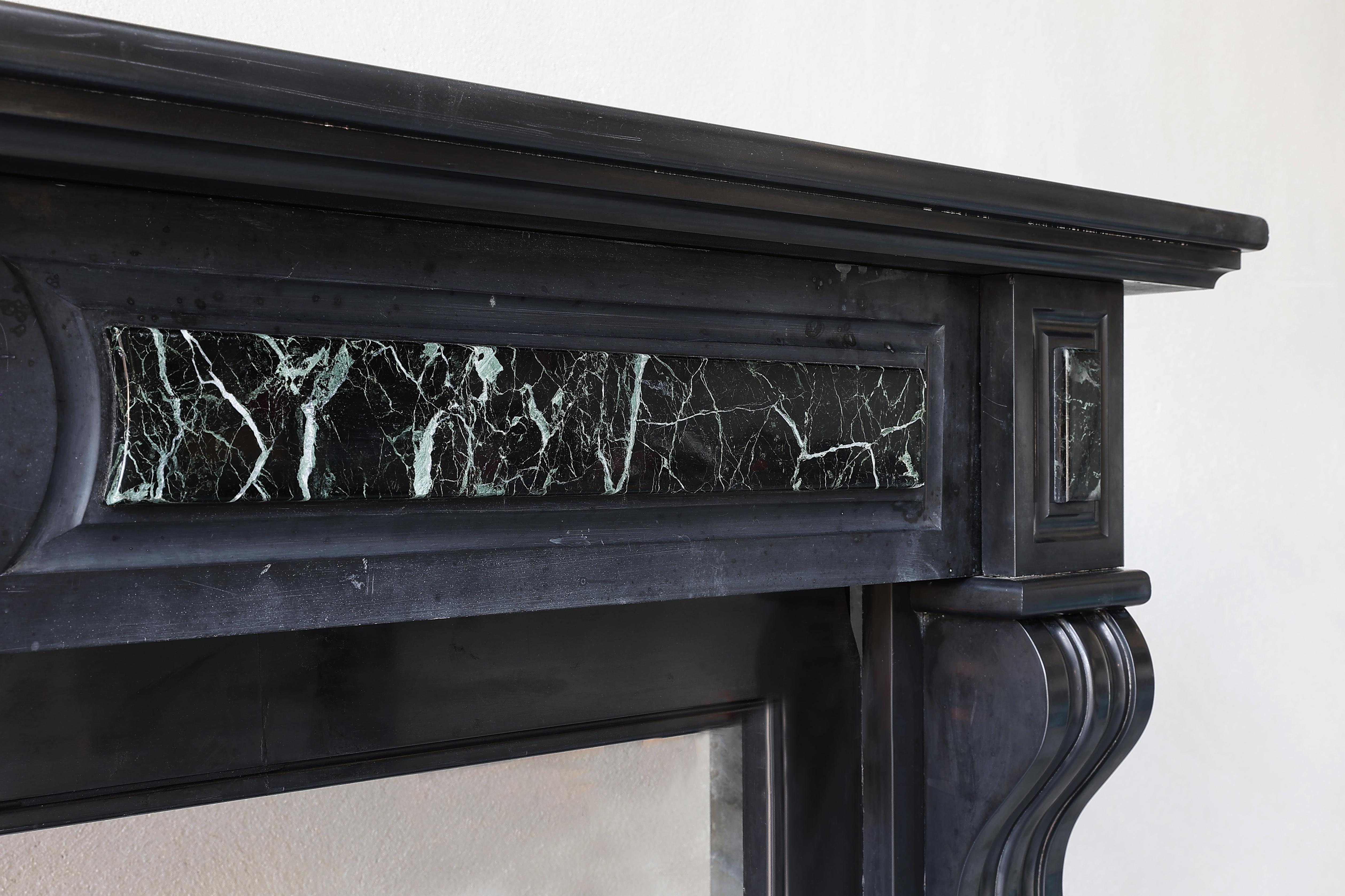 French 19th Century Antique Marble Fireplace of Noir De Mazy with Verde Marble
