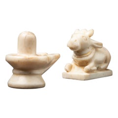 19th century Antique marble Shiva Lingam with Nandi bull from India