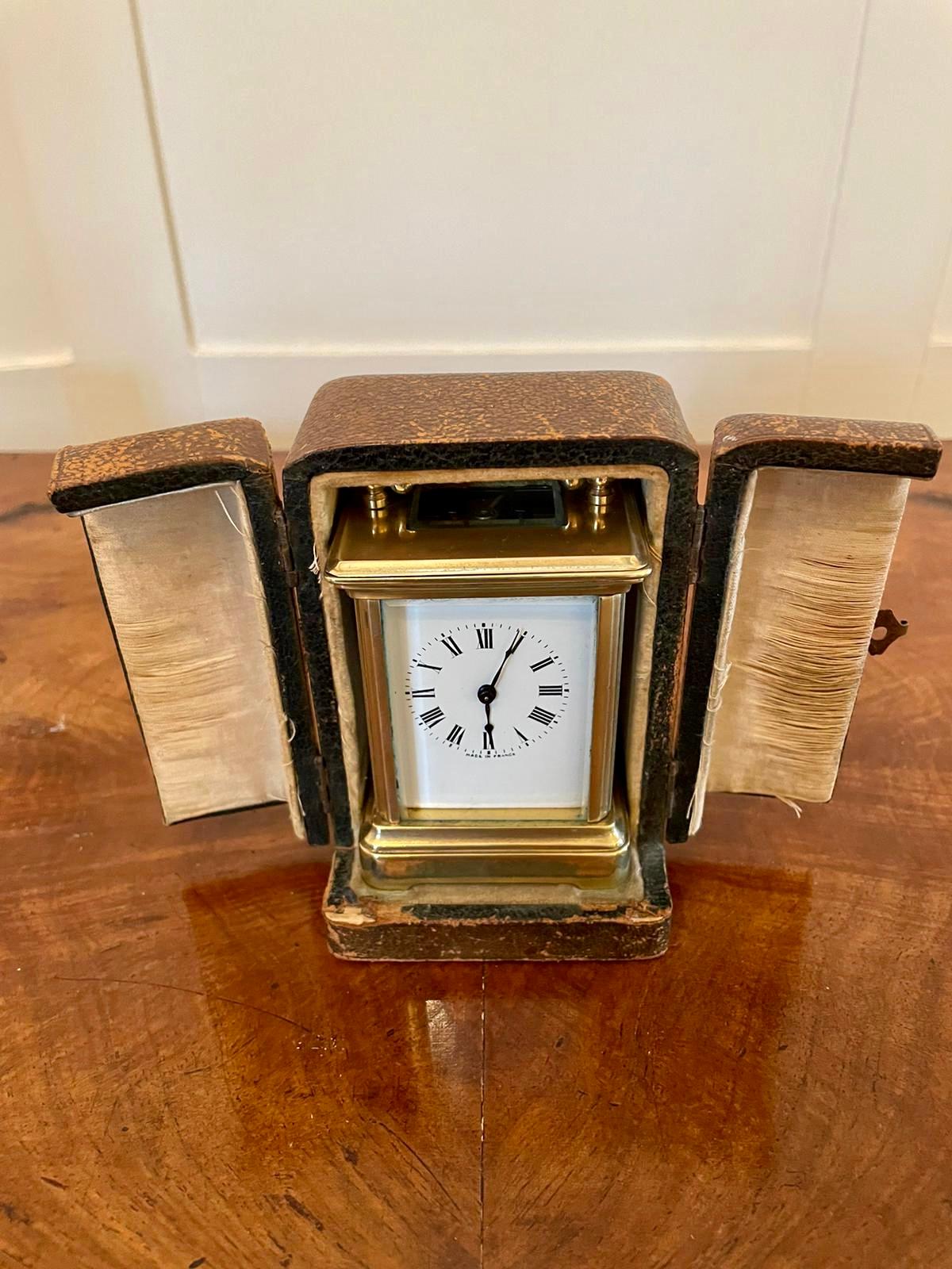 19th Century Antique Miniature Brass 8 Day Carriage Clock with Travelling Case In Good Condition In Suffolk, GB