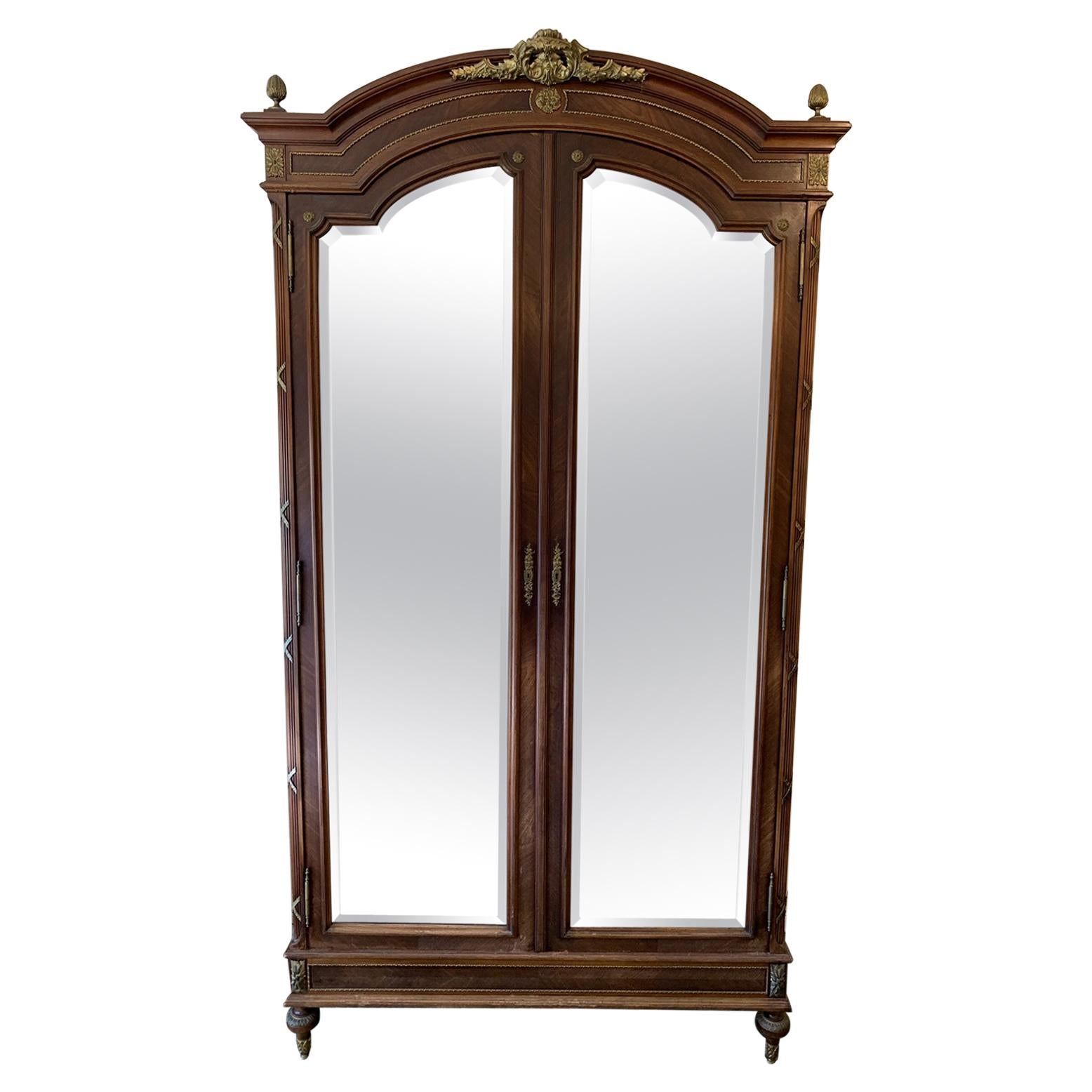 19th Century Antique Mirror Front French Armoire For Sale