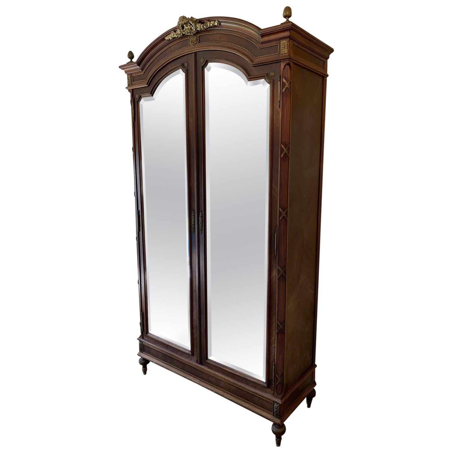 19th Century, Antique Mirror Front French Armoire For Sale