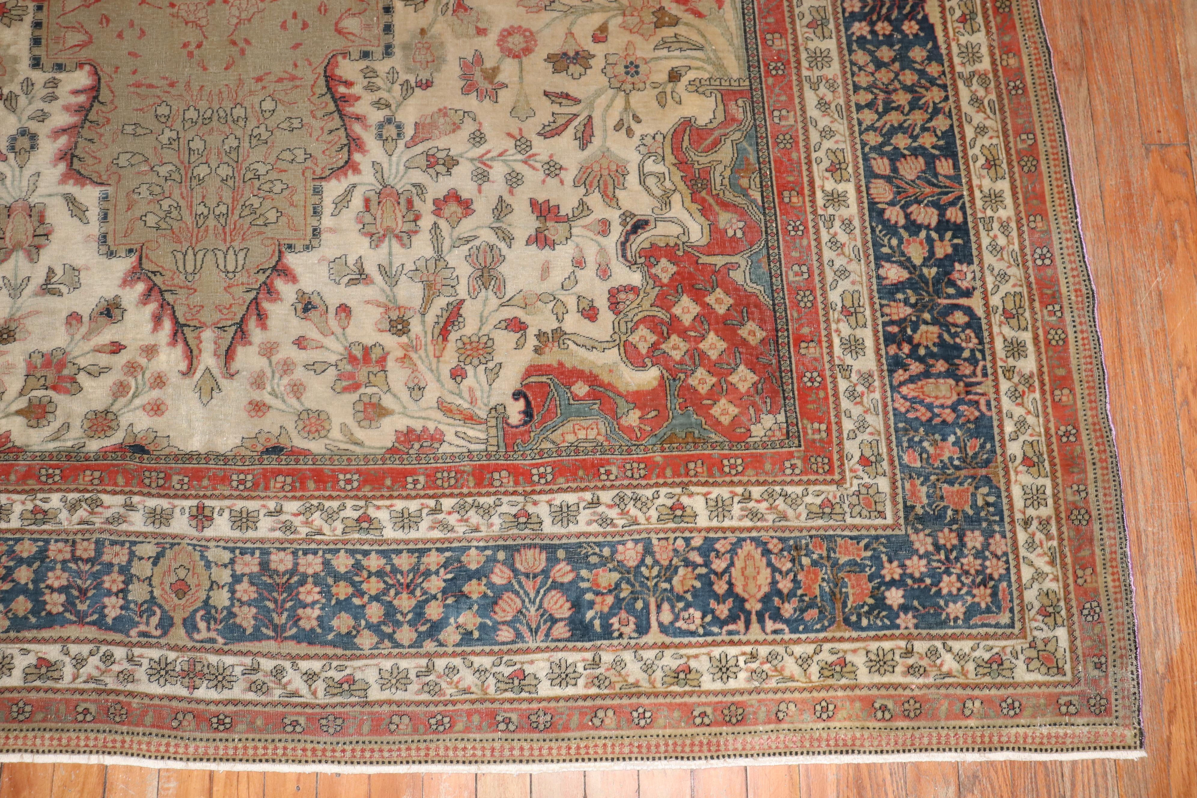 Hand-Woven 19th Century Antique Mohtasham Kashan Room size Rug For Sale