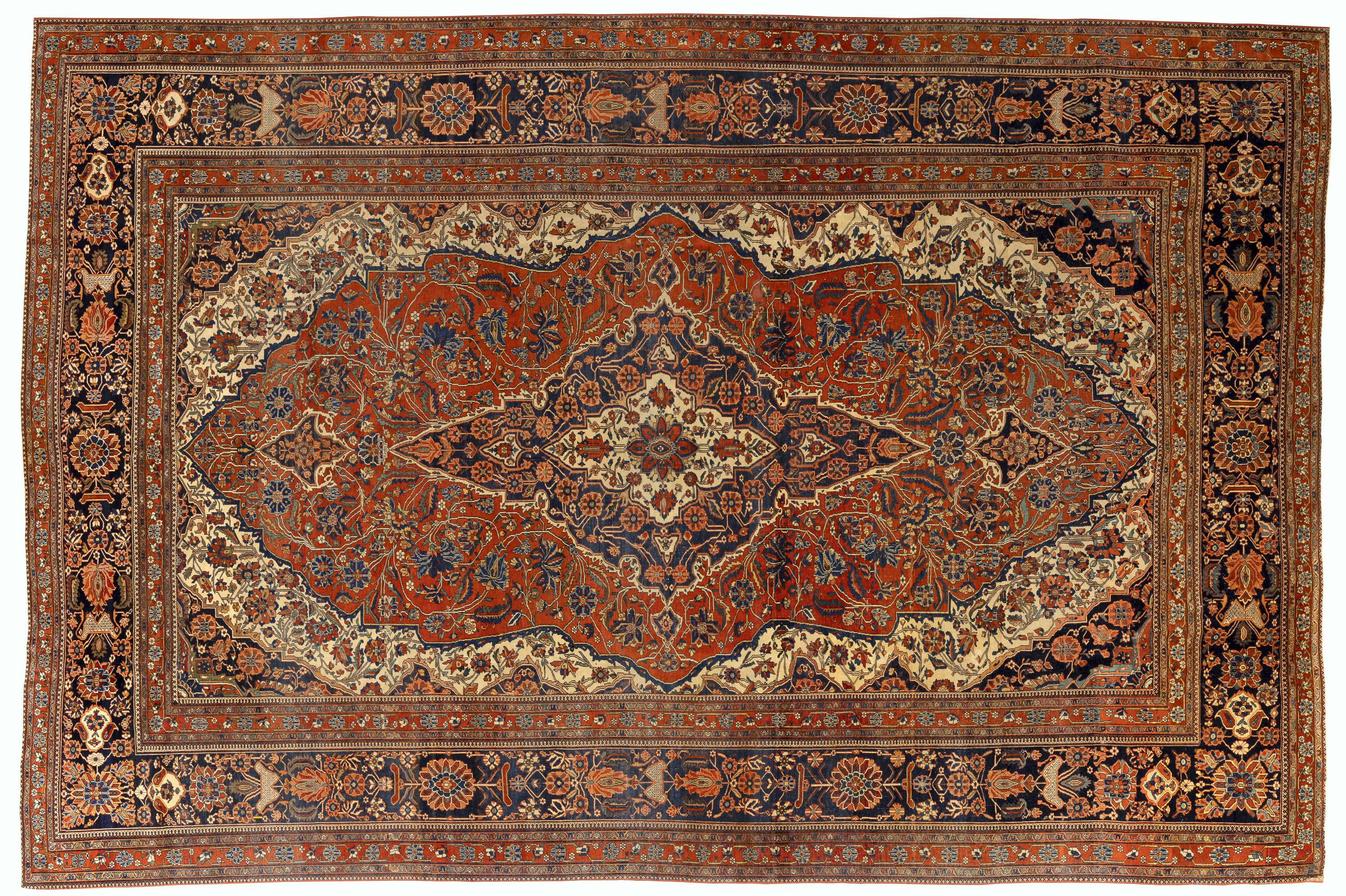 Alfombra antigua Mohtasham Kashan del siglo XIX en lana azul marino, óxido y marfil en venta 5