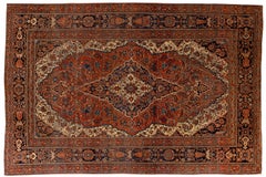19th Century Antique Mohtasham Kashan Rug in Navy, Rust, and Ivory Wool