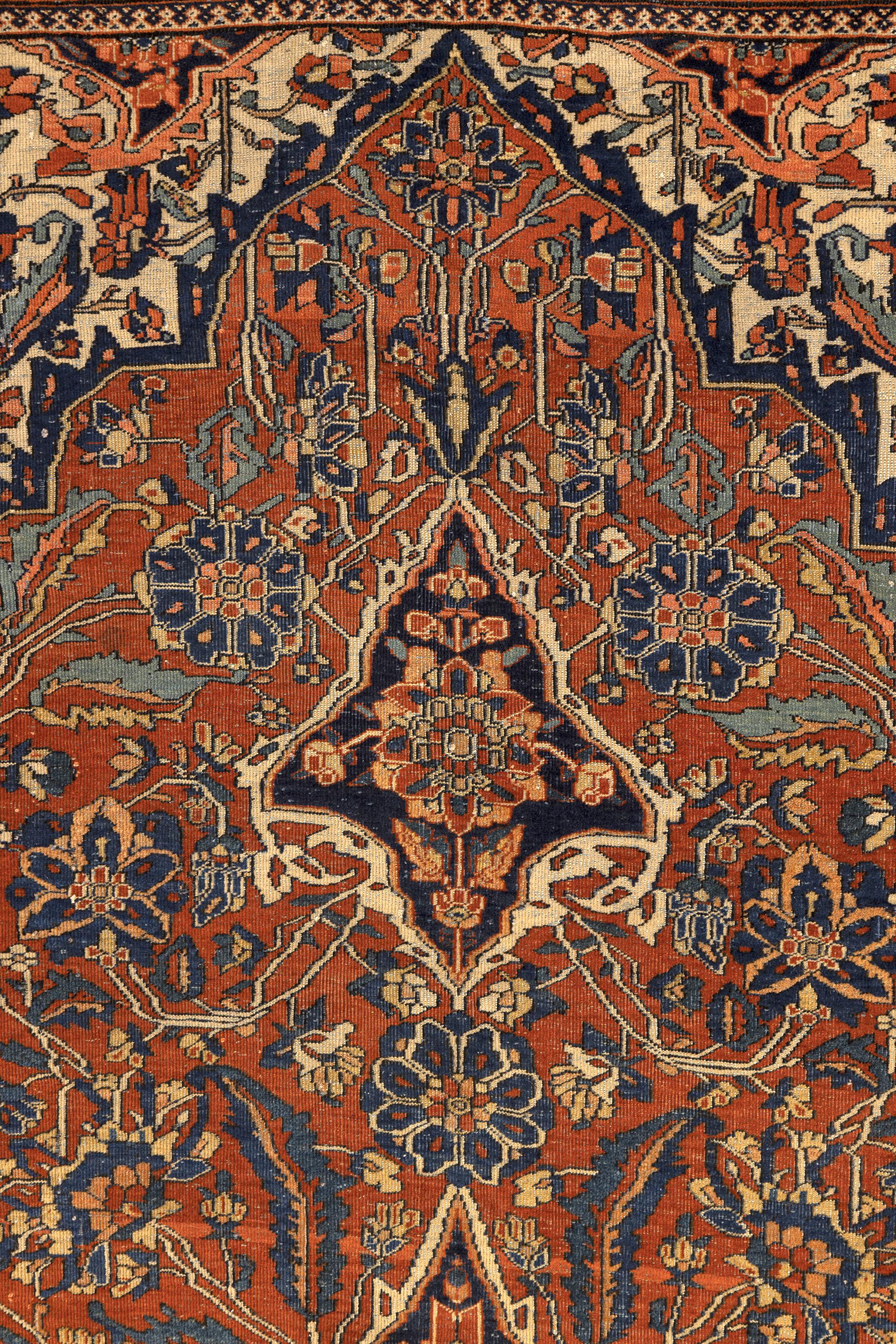 Alfombra antigua Mohtasham Kashan del siglo XIX en lana azul marino, óxido y marfil en venta 2