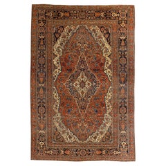 Antiker Mohtasham-Kashan-Teppich des 19. Jahrhunderts aus marineblauer, rostfarbener und elfenbeinfarbener Wolle