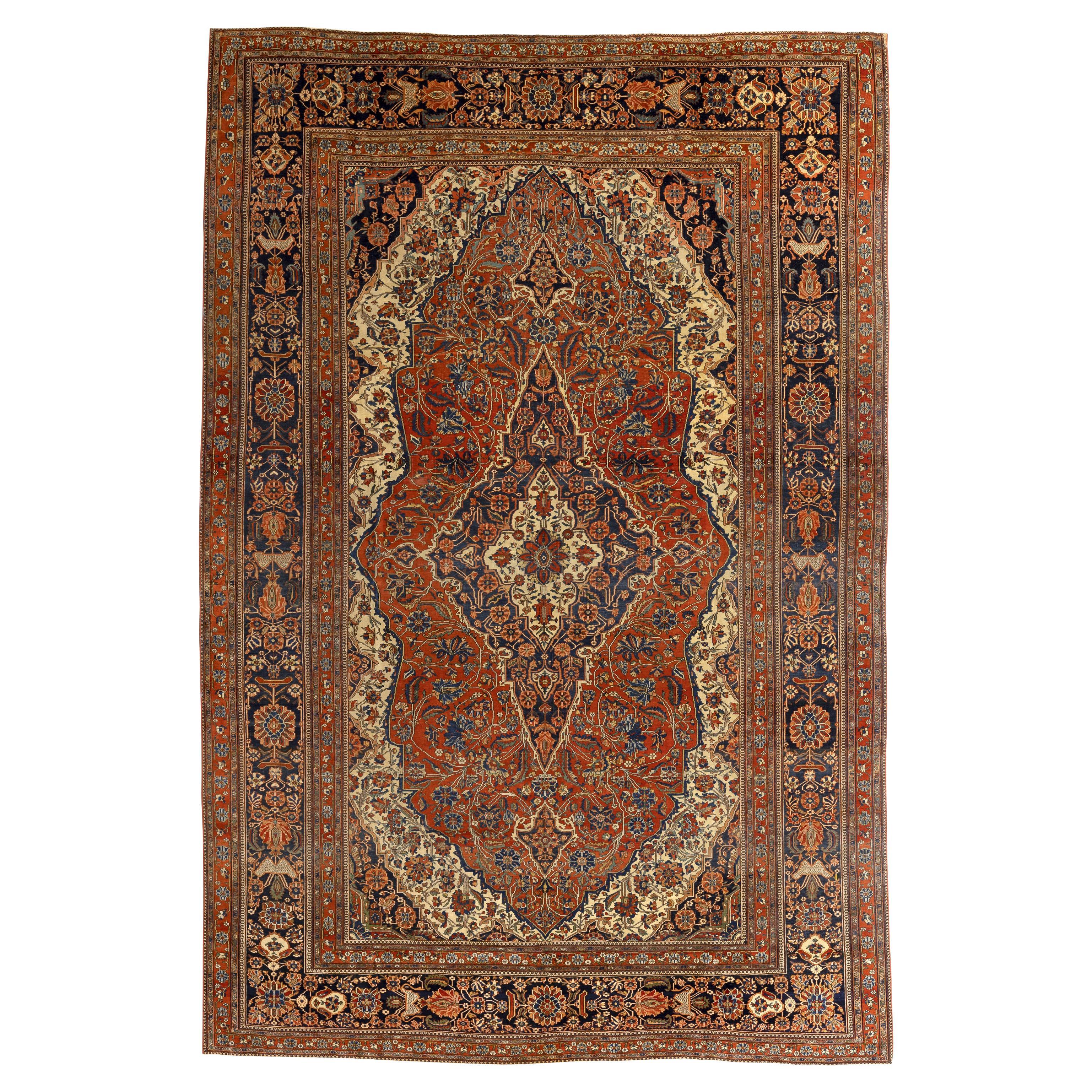 19th Century Antique Mohtasham Kashan Rug in Navy, Rust, and Ivory Wool For Sale