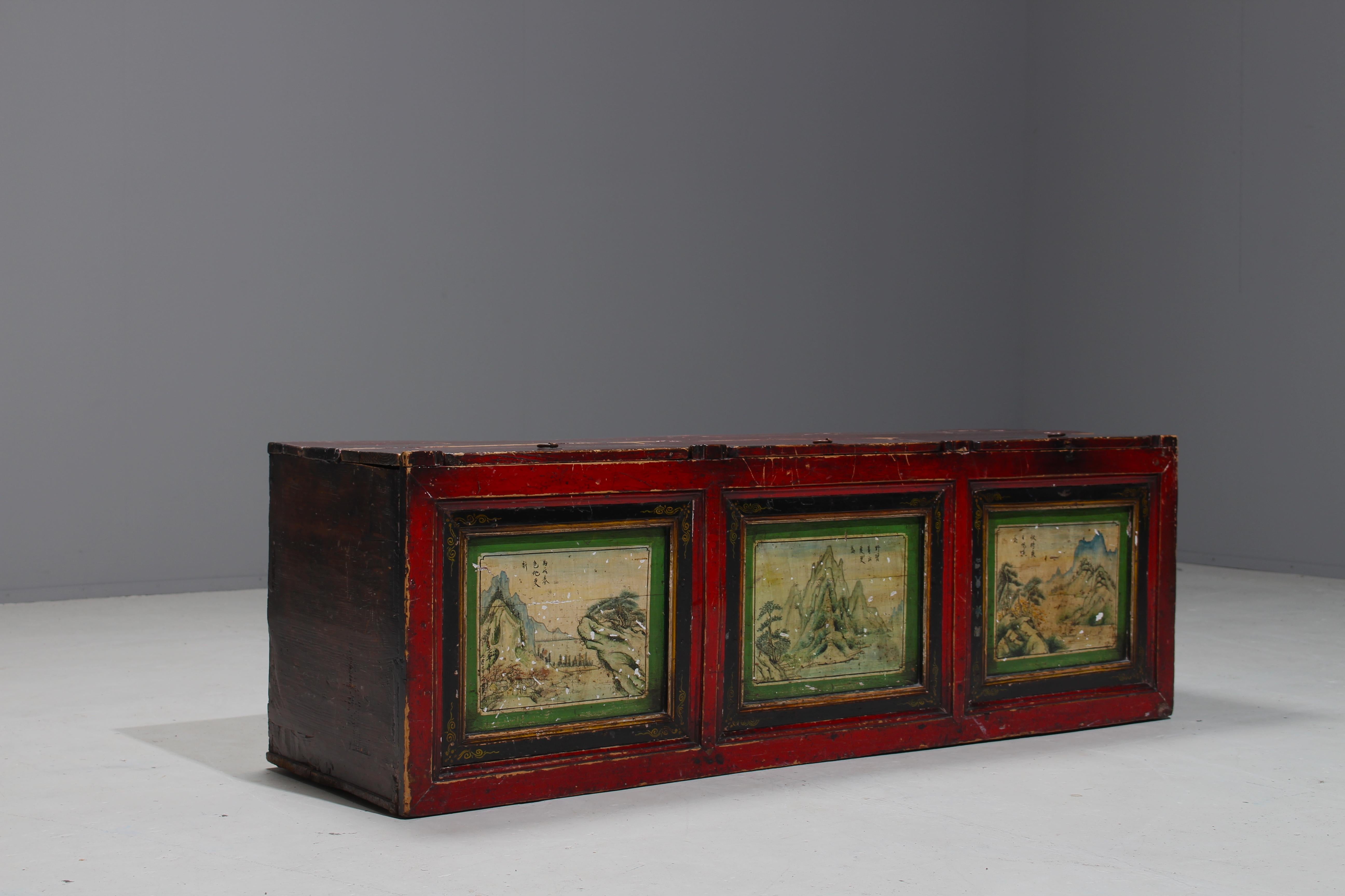 Arts and Crafts 19th Century Antique Mongolian Hand Painted Nomads Chest, 1850 For Sale