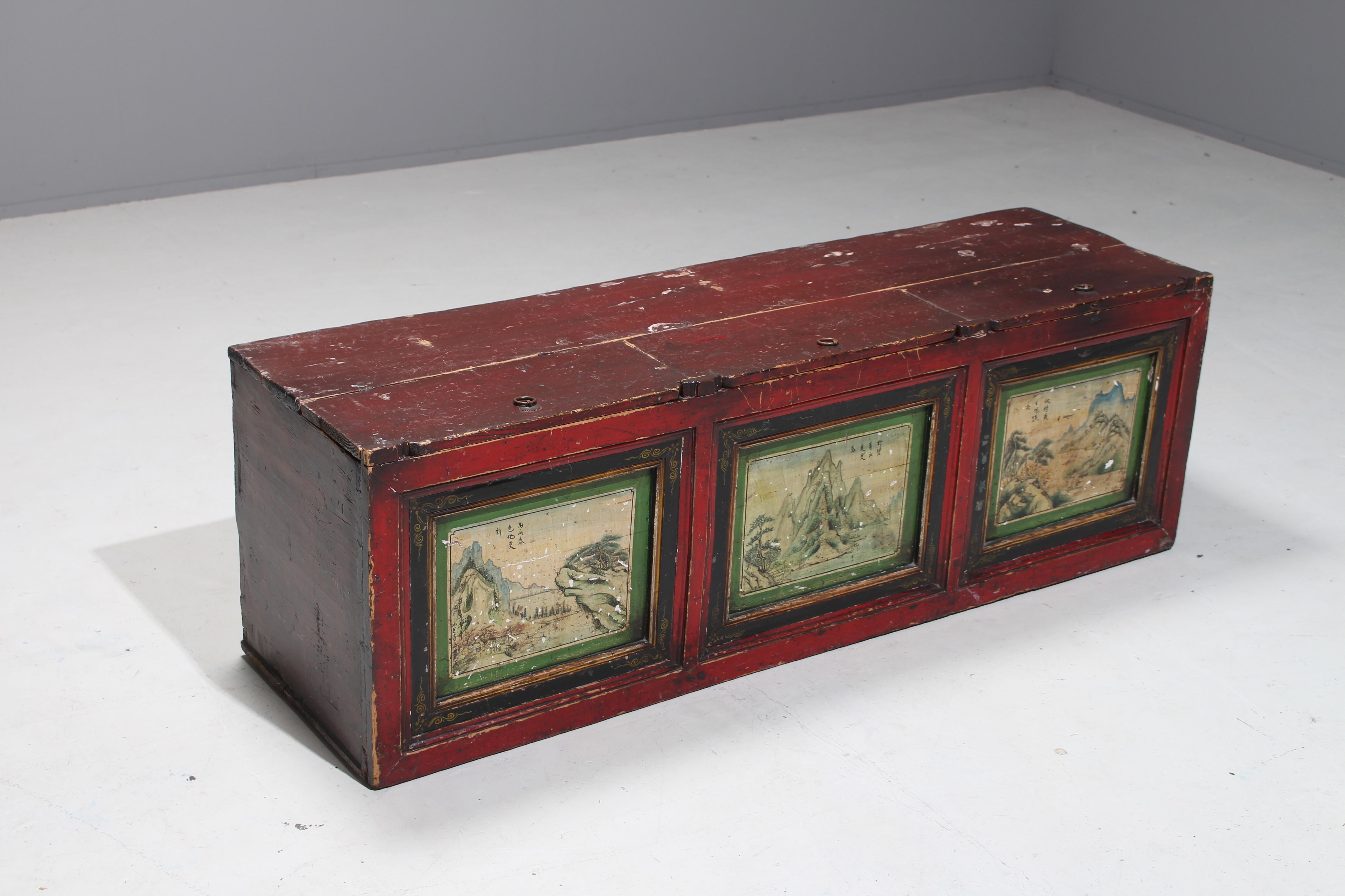 Mid-19th Century 19th Century Antique Mongolian Hand Painted Nomads Chest, 1850 For Sale