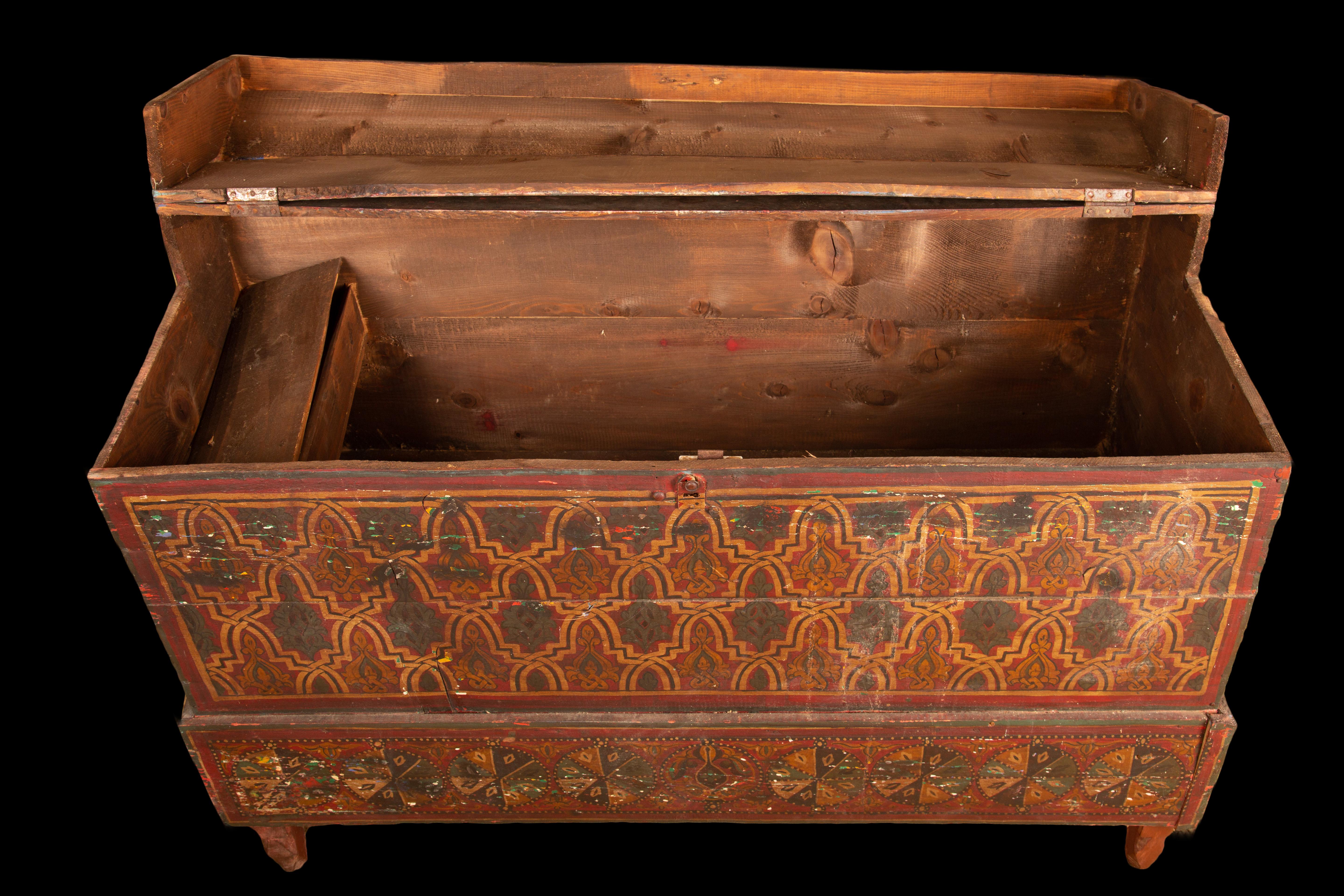 19th Century Antique Moroccan Hand Painted Wood Berber Chest In Fair Condition For Sale In New York, NY