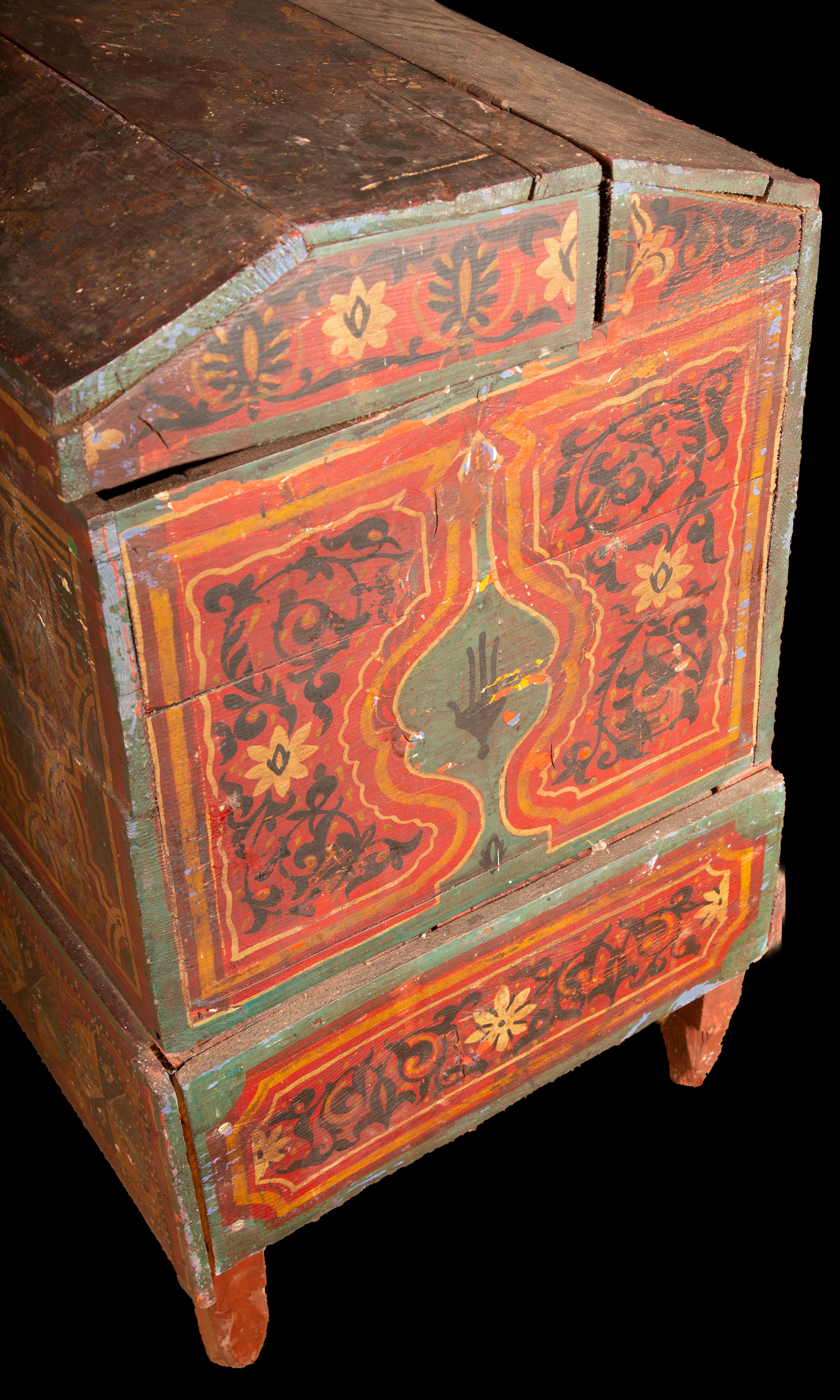 Pine 19th Century Antique Moroccan Hand Painted Wood Berber Chest For Sale