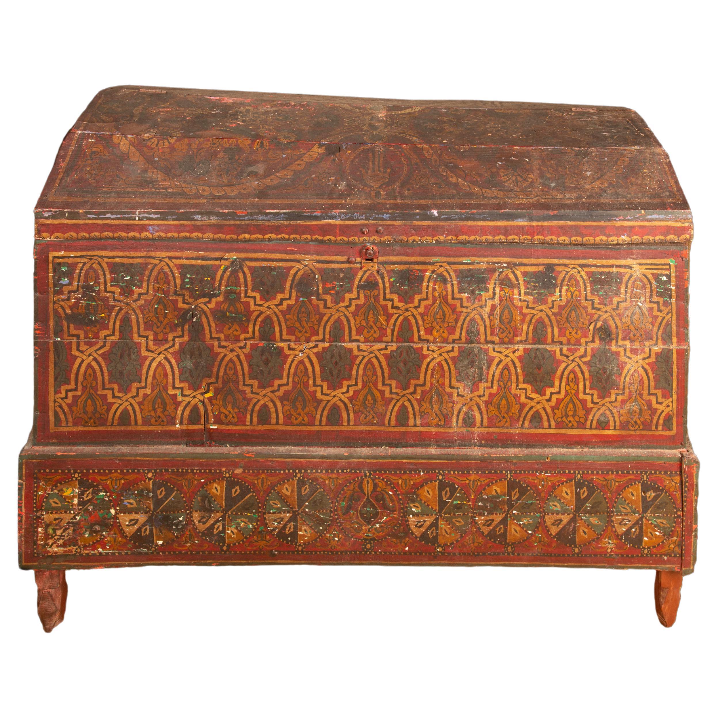 19th Century Antique Moroccan Hand Painted Wood Berber Chest
