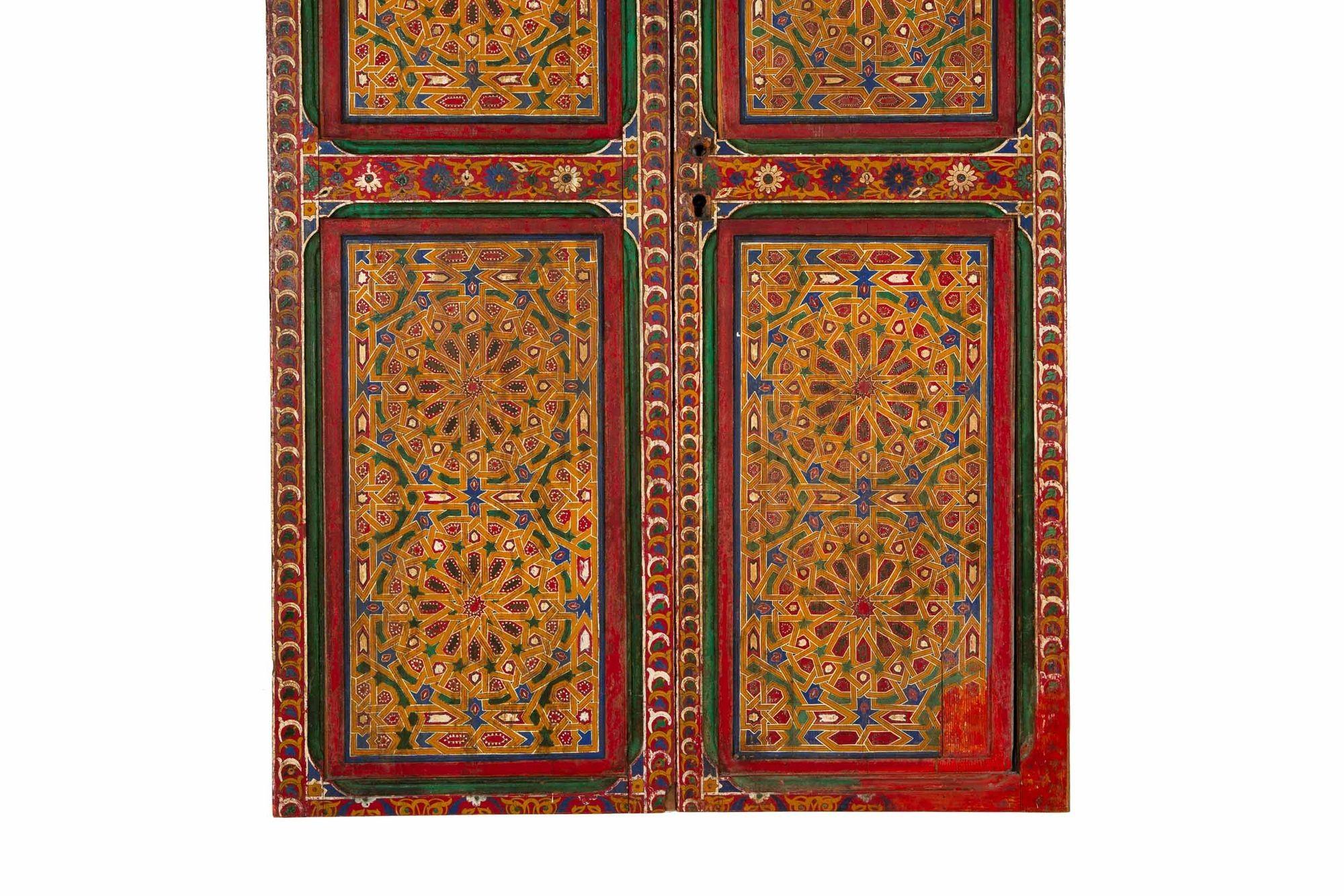 19th Century Antique Moroccan Painted Interior Doors, 78 5/8” x 42 3/8” In Good Condition In Shippensburg, PA
