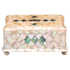 19th Century Antique Mother of Pearl Jewellery Box Adorned with Abalone Diamonds