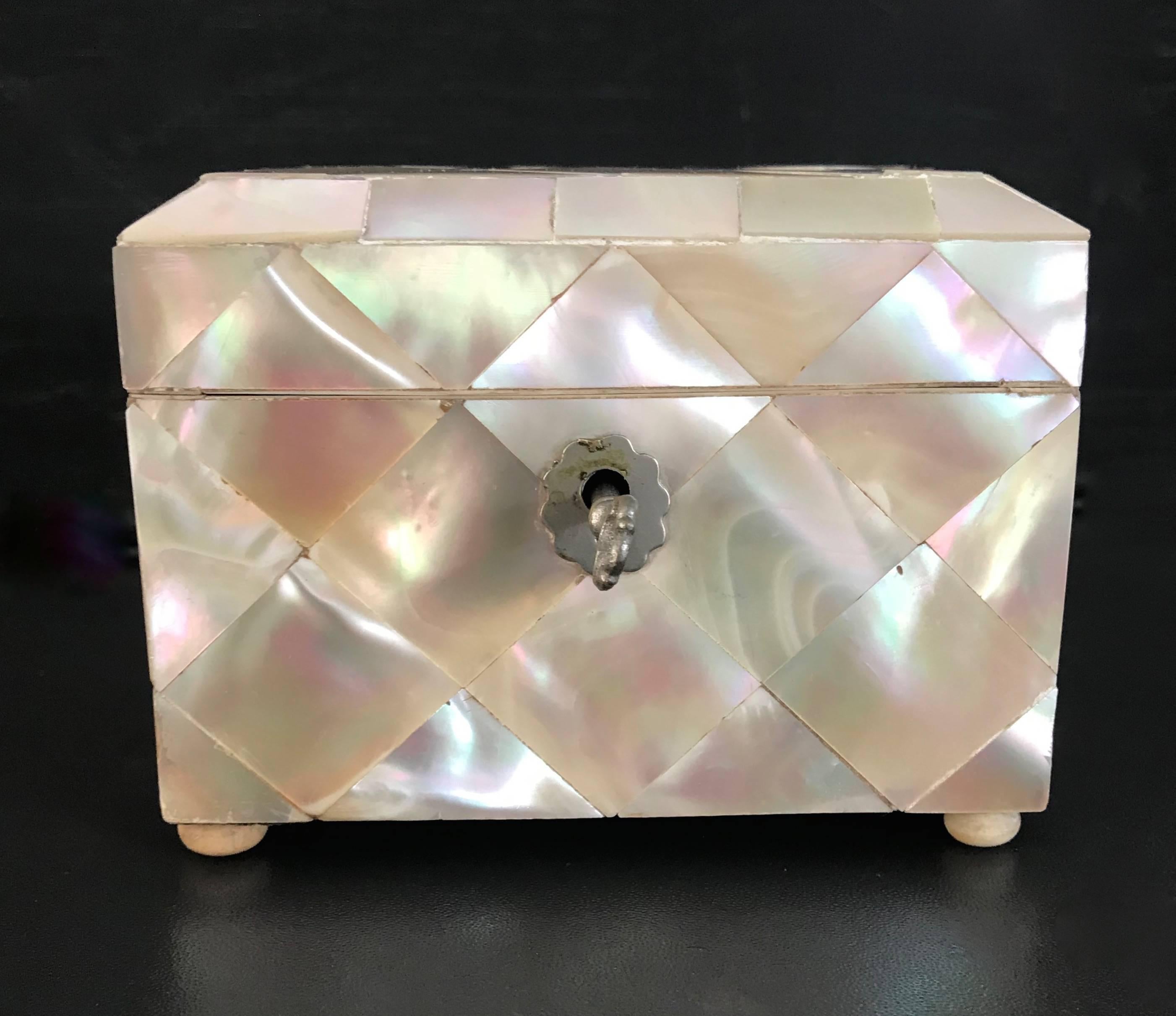 Victorian 19th Century Antique Mother-of-pearl Tea Caddy Box with Silver Lock & Hinges