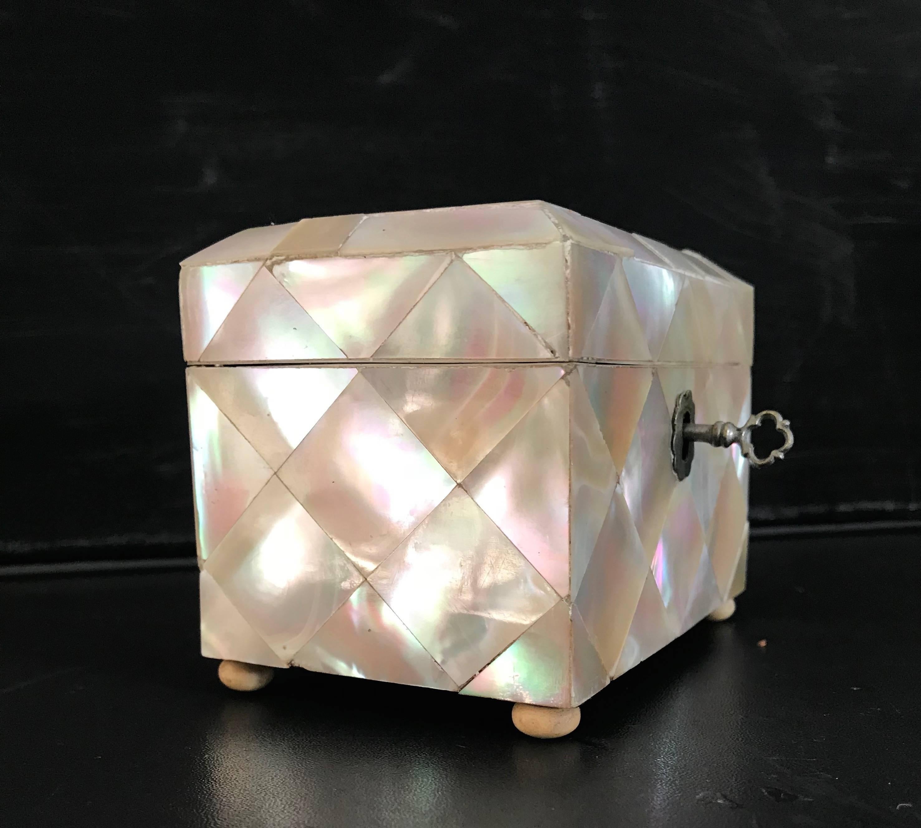 European 19th Century Antique Mother-of-pearl Tea Caddy Box with Silver Lock & Hinges
