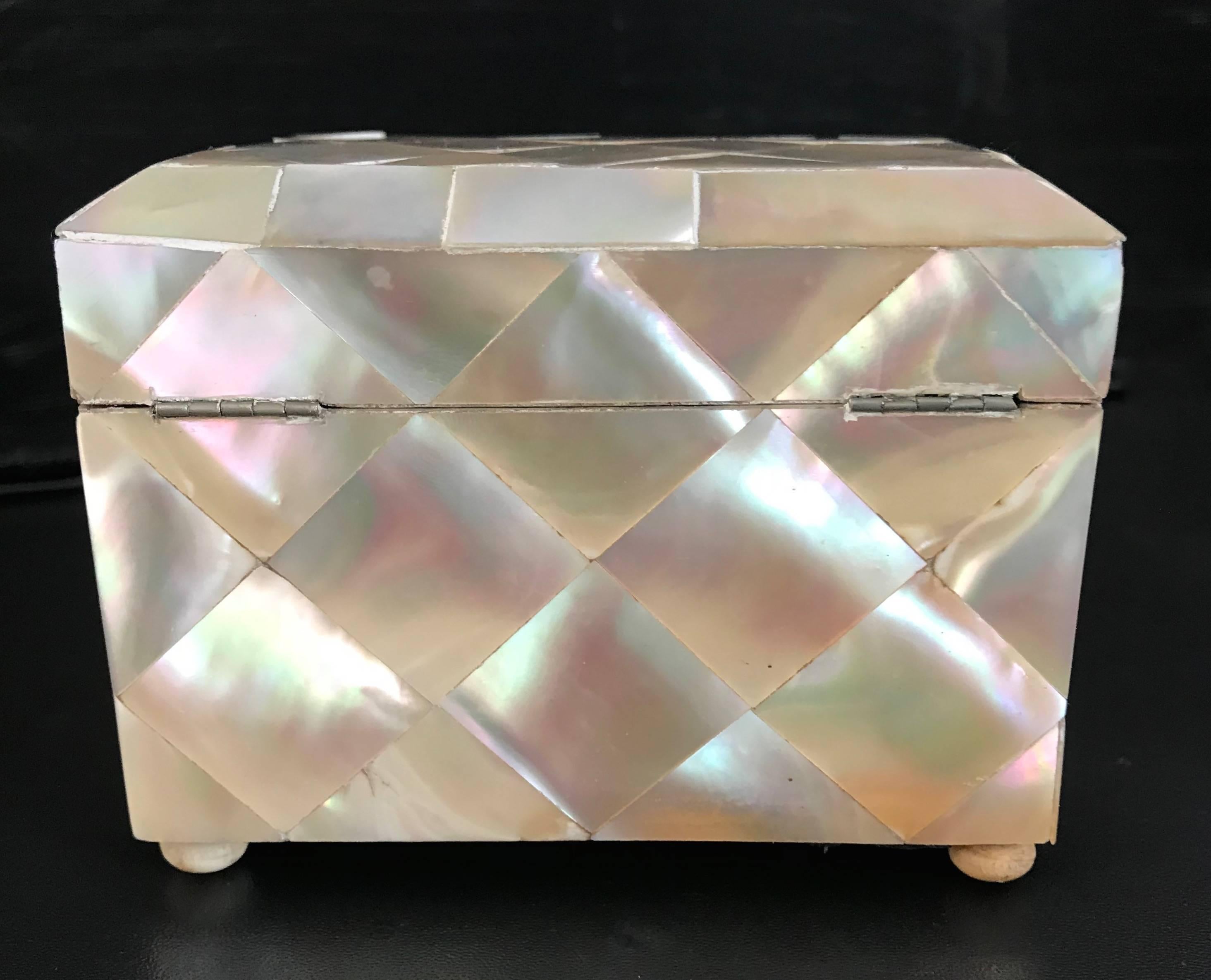 19th Century Antique Mother-of-pearl Tea Caddy Box with Silver Lock & Hinges 1