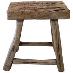 19th Century Antique Natural Elm Wood Stool with Thick Top
