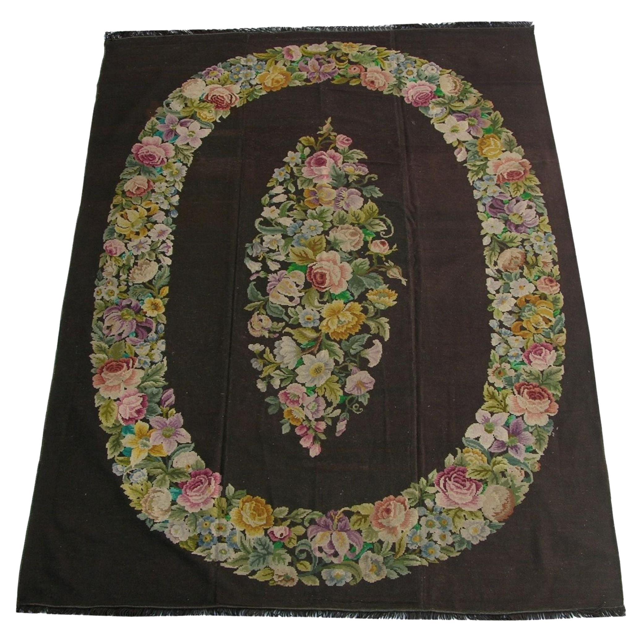 19th Century Antique Needlework Floral Rug For Sale