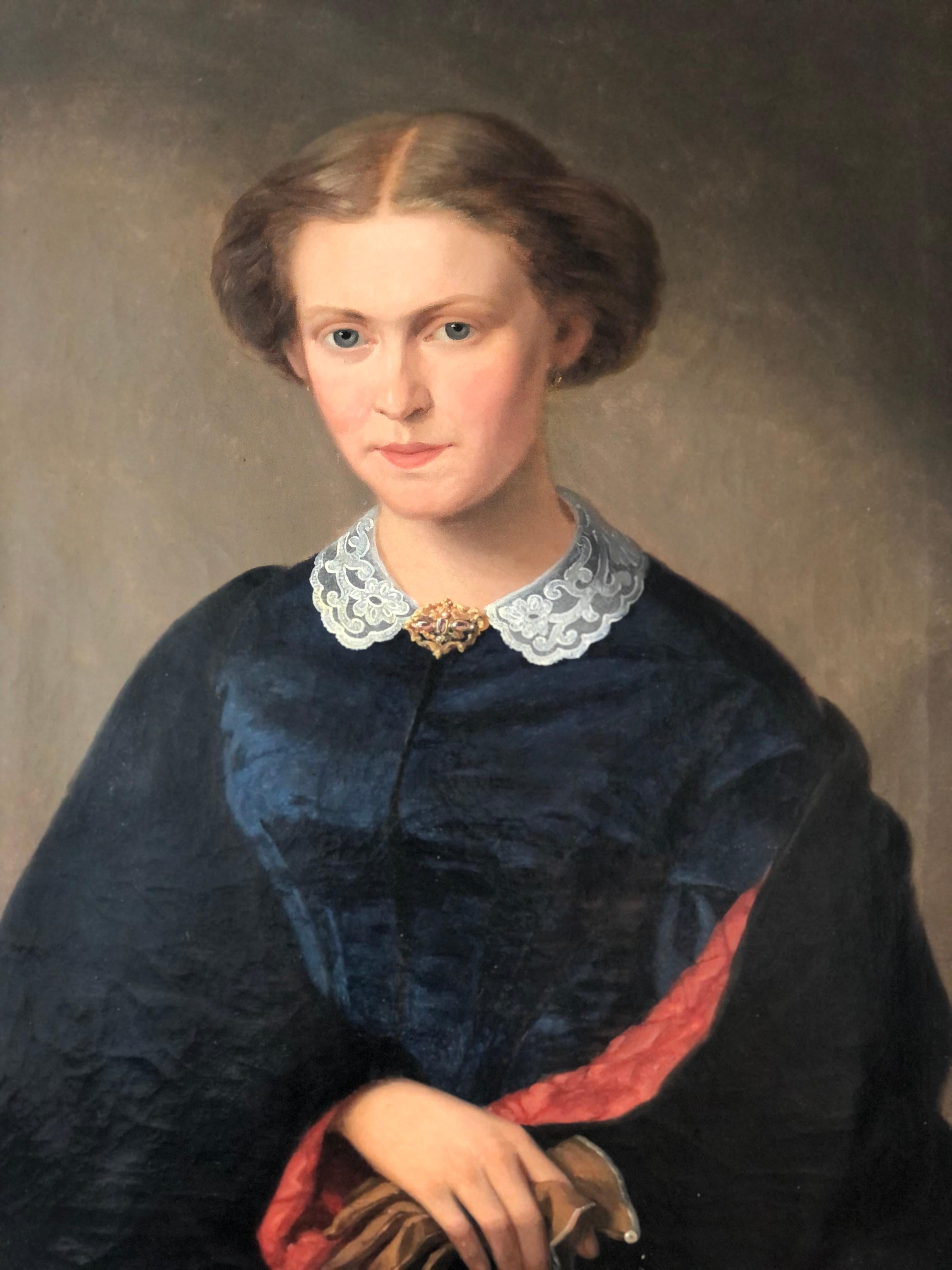 Antikes Ölgemälde einer eleganten deutschen Dame aus dem 19. (Biedermeier) im Angebot