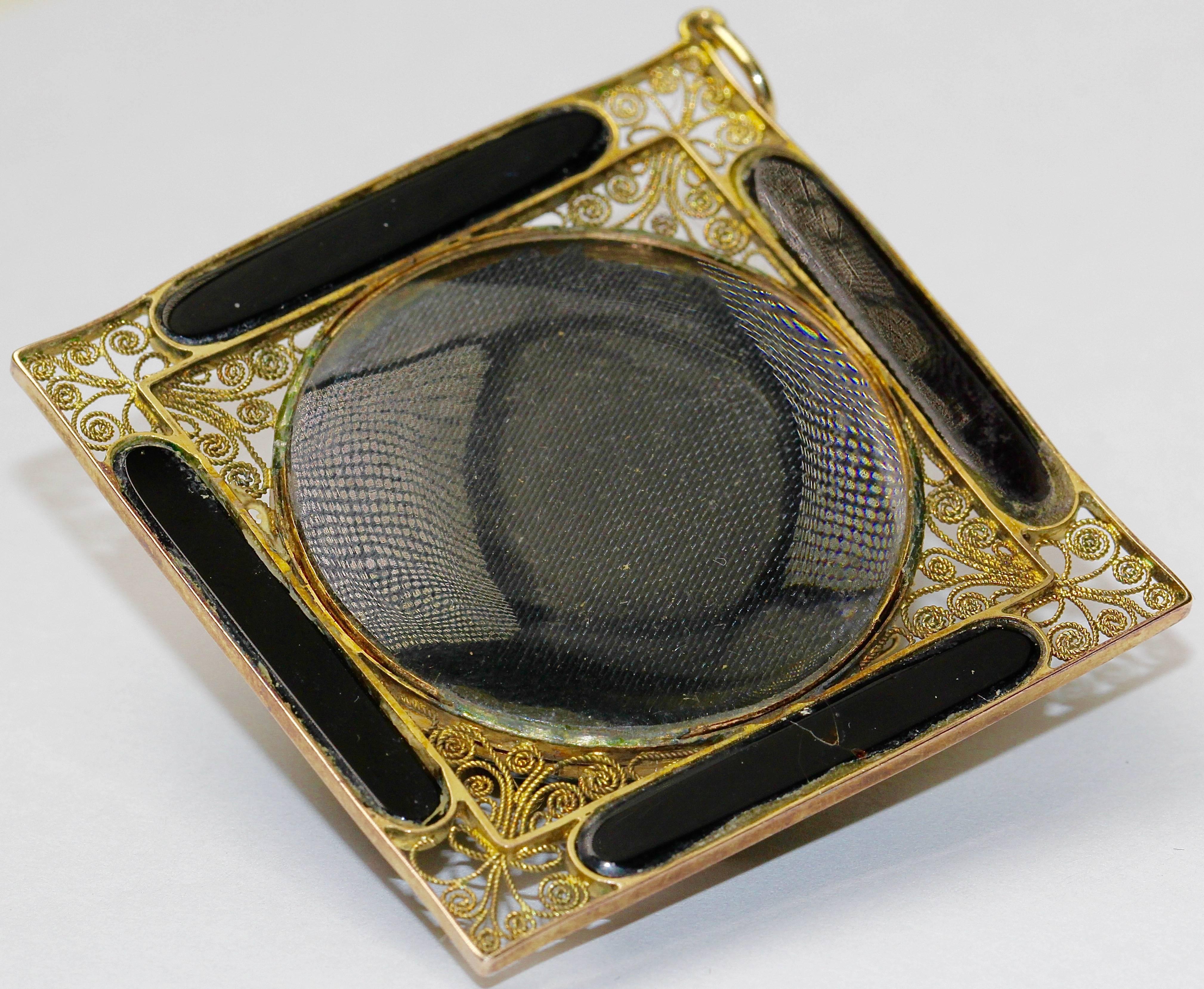19th Century Antique Onyx Pendant, Enhancer 14k Gold with Floral Gold Appliqués For Sale 2