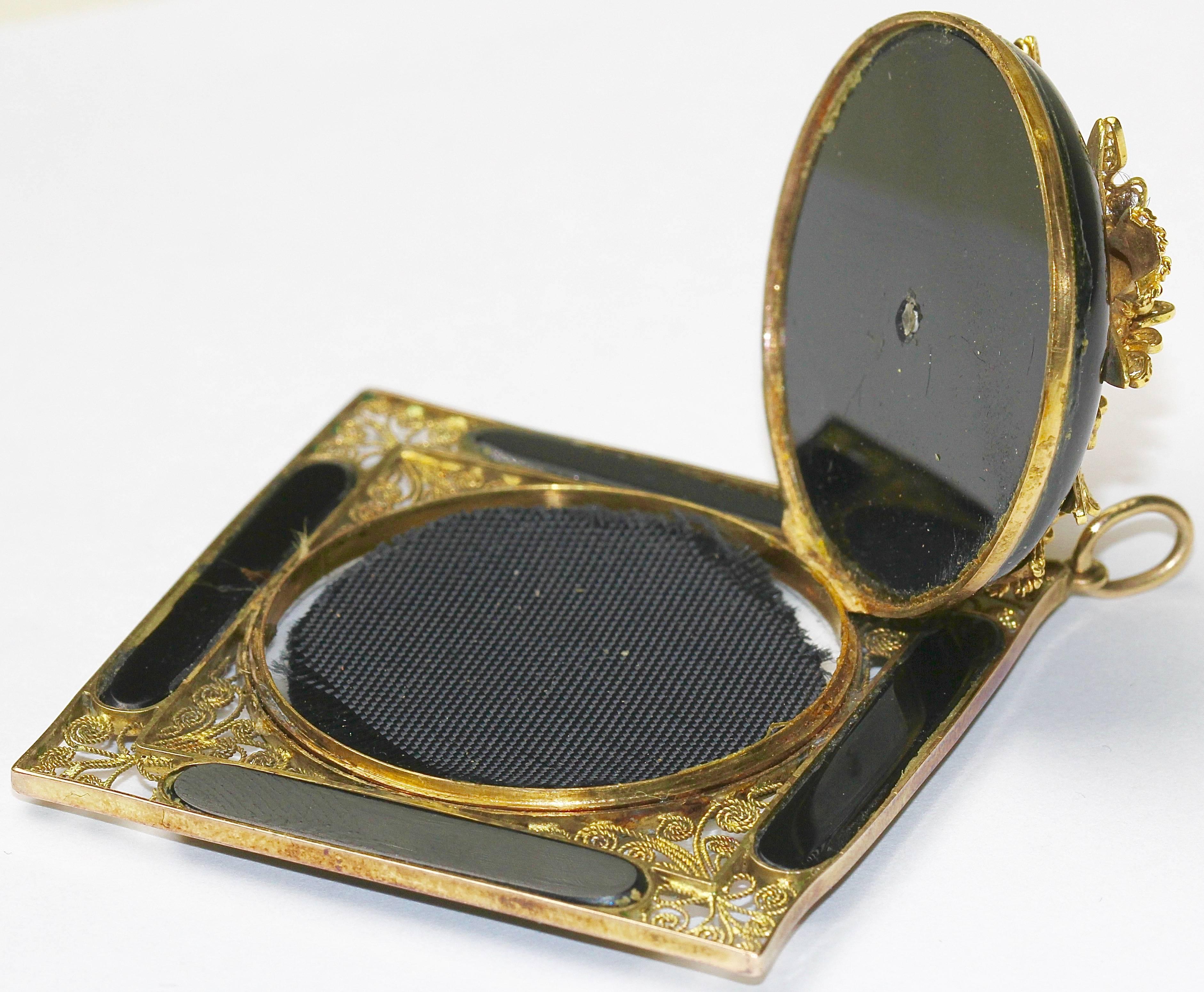 19th Century Antique Onyx Pendant, Enhancer 14k Gold with Floral Gold Appliqués For Sale 3