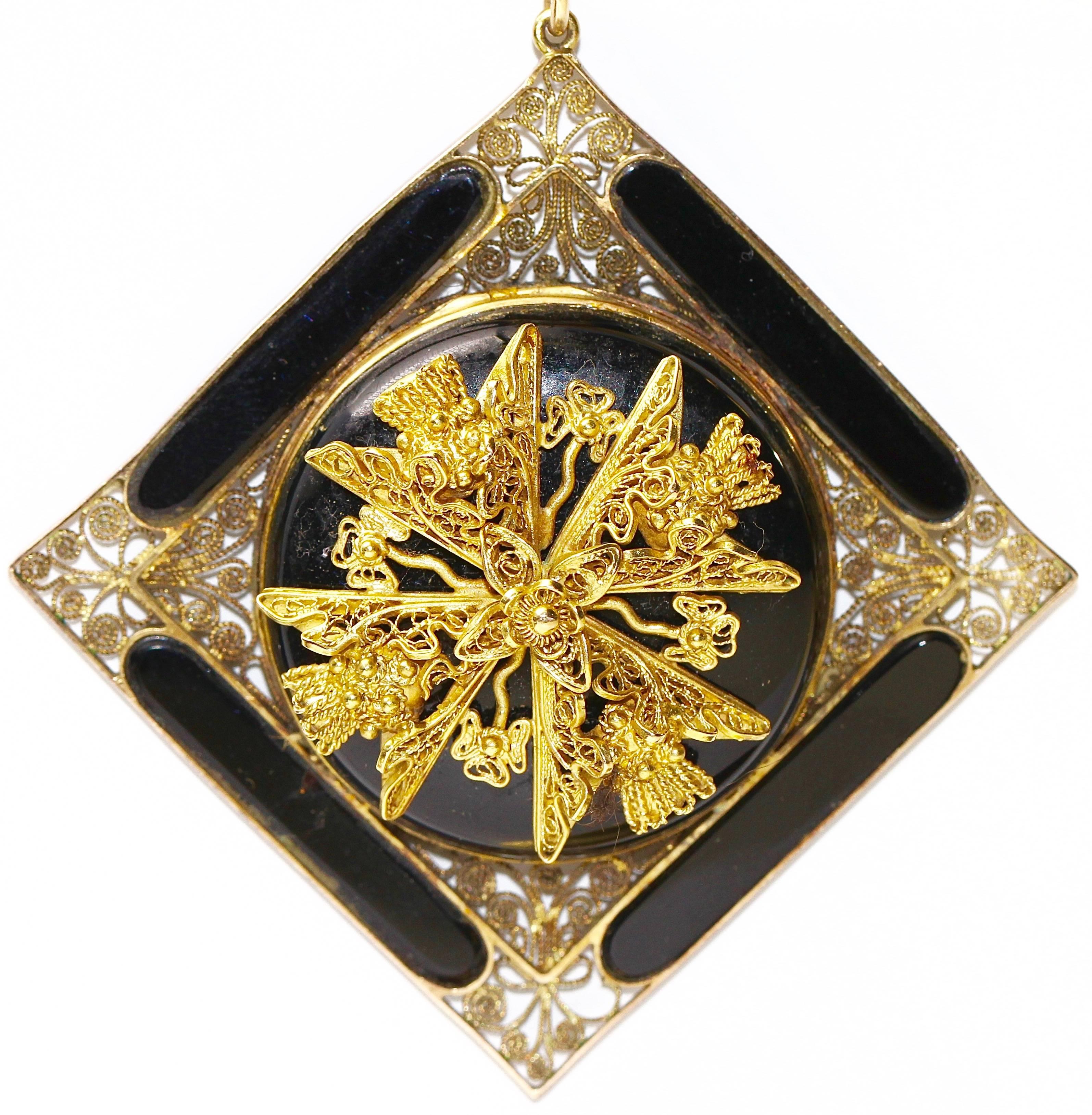 19th Century Antique Onyx Pendant, Enhancer 14k Gold with Floral Gold Appliqués