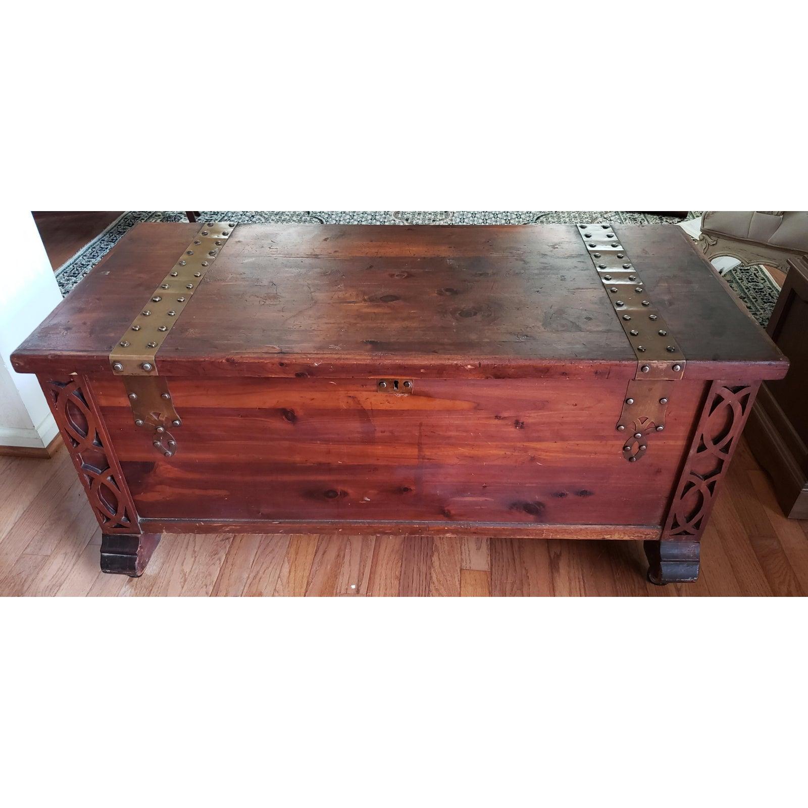 19th century antique Ornate Norway Pine wood / Red pine wood Blanket Cedar Chest on Wheels. Key non functional. Brand name, but sticker no longer clearly legible. Measurements are 42.75
