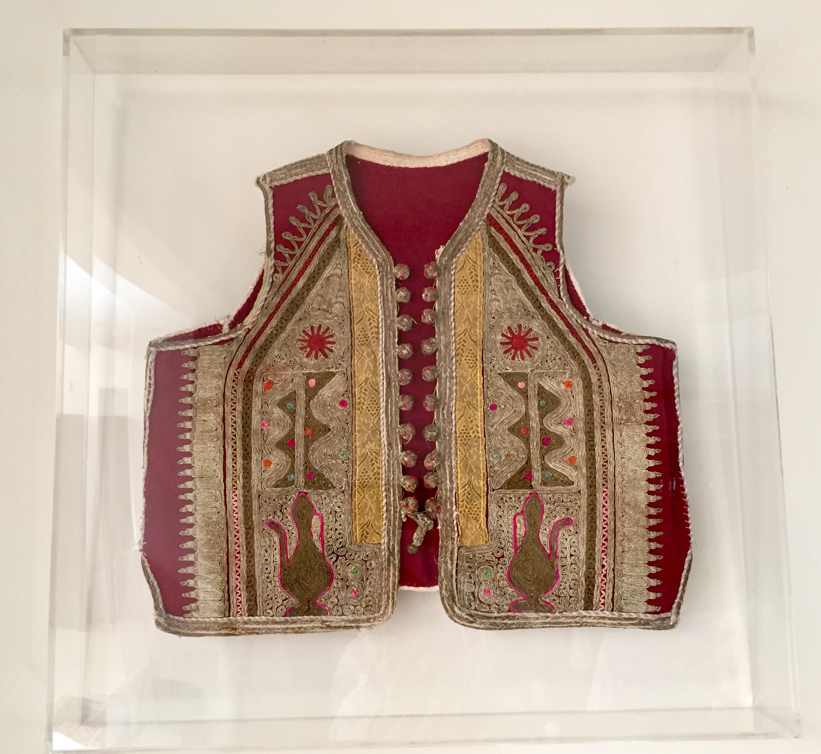 Turkish 19th Century Antique Ottoman Embroidered Vest Framed in a Lucite Box